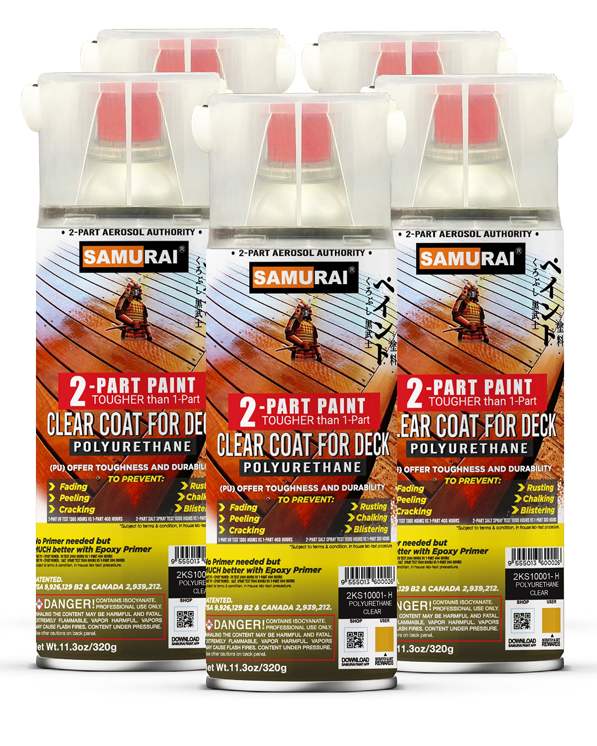 Samurai 2-Part Polyurethane Deck Clear Coat Spray Paint - High Gloss Protective Finish for Wood Decks, Furniture & Outdoor Projects (5-Pack, Clear)
