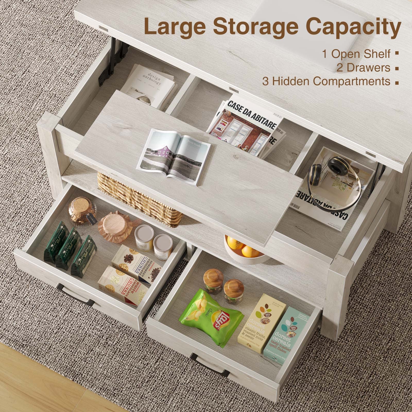 Rolanstar Lift Top Coffee Table - Convertible to Dining Table with Drawers & Hidden Storage | Multi-Functional Living Room & Home Office Furniture in Grey | Perfect for Small Spaces, Entertaining & Remote Work