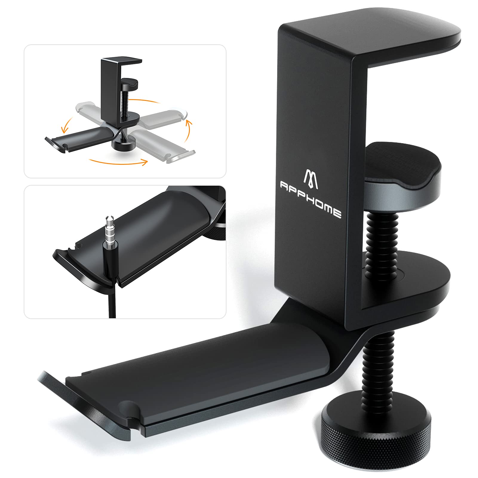 Under Desk Headphone Hanger - 360° Rotating Aluminum Gaming Headset Stand with Universal Clamp | Perfect for PC Gaming Setup & Office Organization