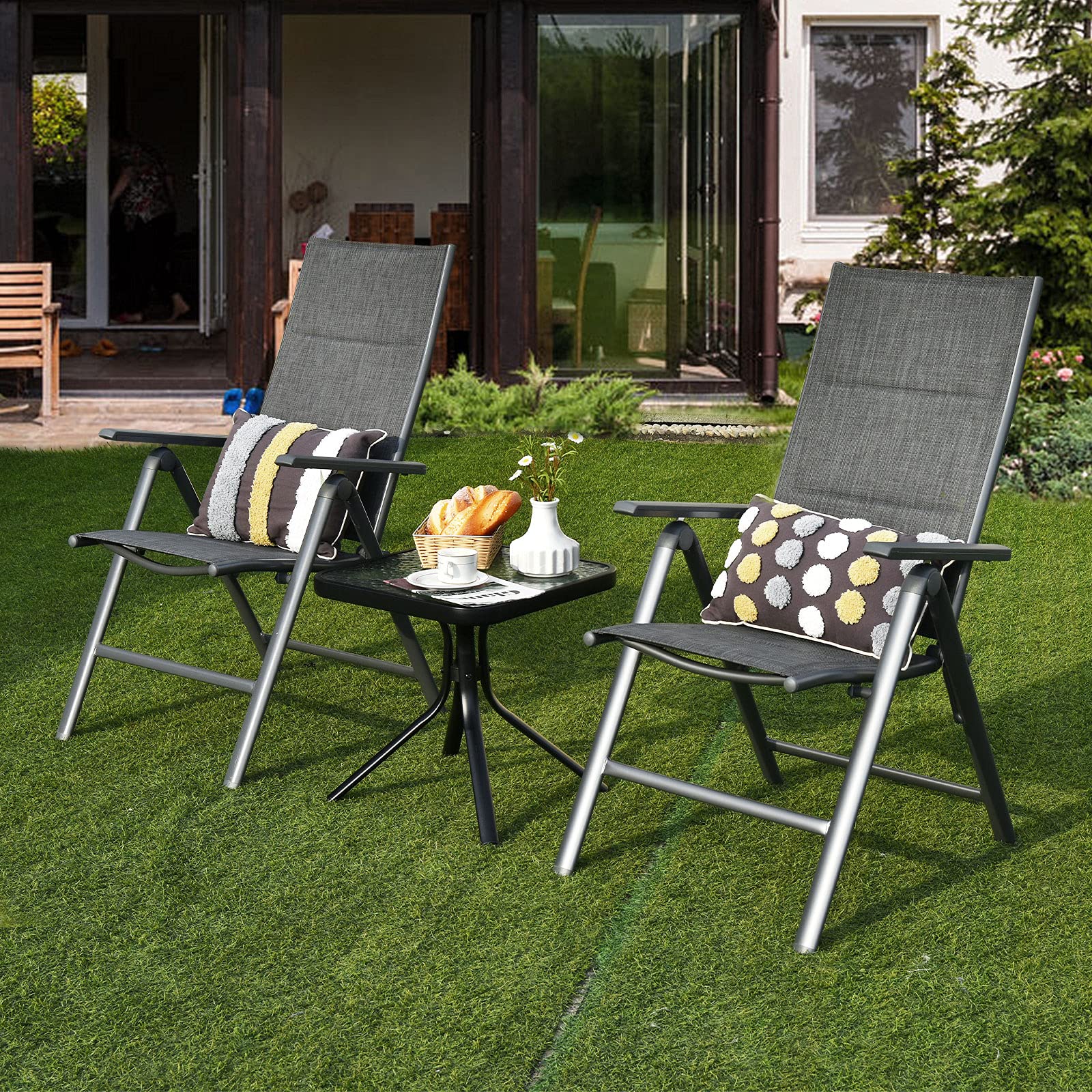 Giantex Set of 2 Adjustable Folding Patio Chairs with Padded Seat - 7-Position Reclining Outdoor Lounge Chairs, Durable Aluminum Frame & High Back Support for Poolside, Deck, Garden, and Balcony Relaxation - Gray