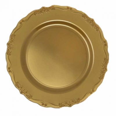 Vintage Gold Round Plastic Plates - Elegant Disposable Party Dinnerware for Weddings, Birthdays & Special Events
