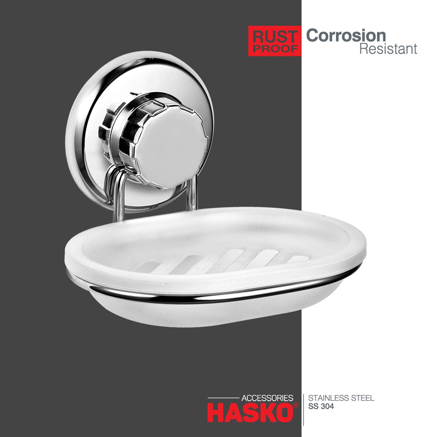 Hasko Stainless Steel Vacuum Suction Cup Soap Dish Holder - Strong Bathroom & Kitchen Sponge Caddy - Mounts on Any Smooth Surface (Chrome) - Perfect for Showers, Sinks, and Countertop Organization