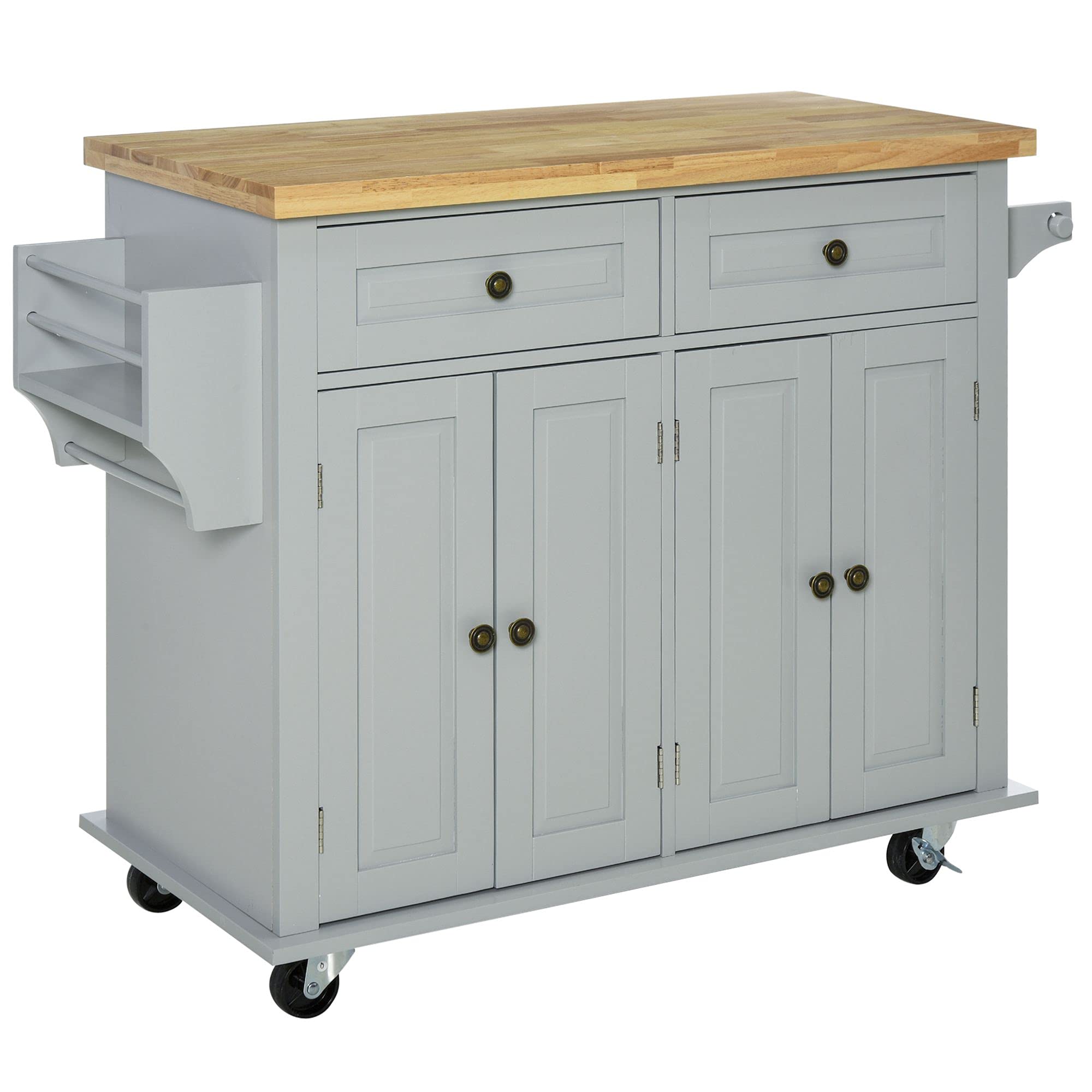 HOMCOM Mobile Kitchen Island Cart with Rubberwood Top, Spice Rack, Towel Bar & Storage Drawers - Grey | Perfect for Small Kitchens, Dining Rooms & Apartment Living
