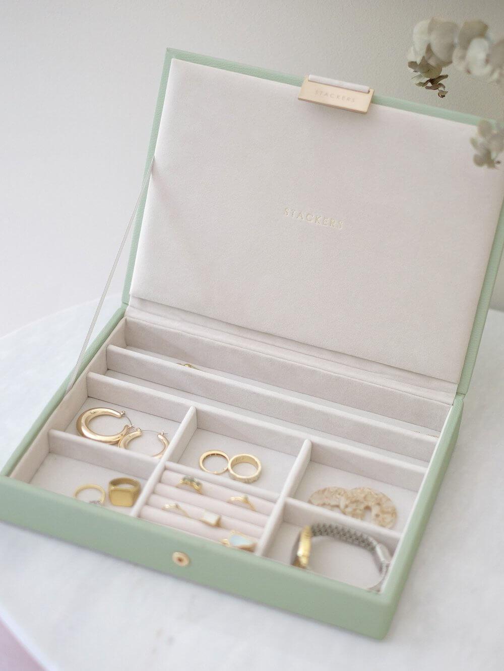 Stackers Classic Lidded Jewelry Box - Sage Green Organizer for Necklaces, Rings & Earrings | Perfect for Bedroom Vanity, Travel & Gift Giving