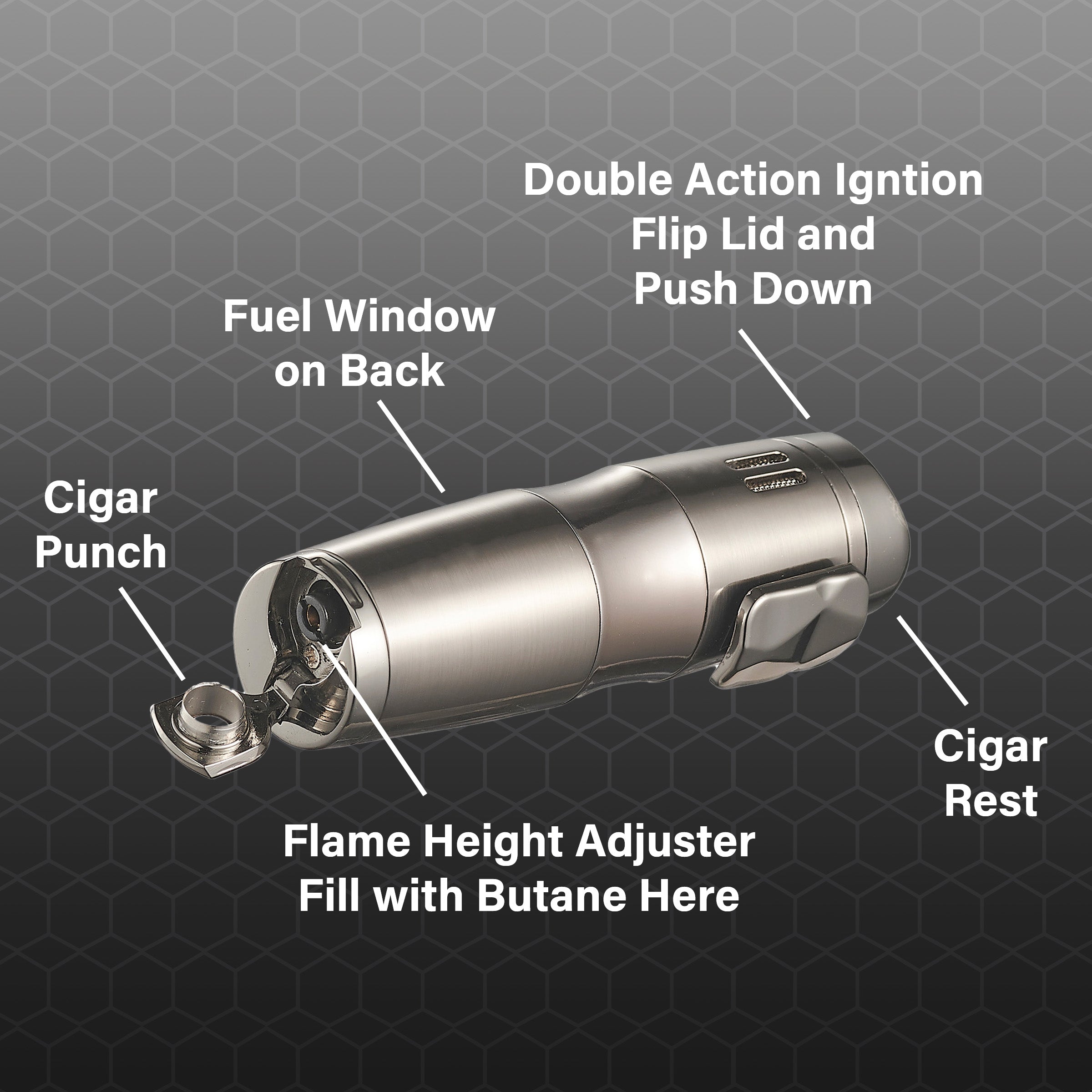 Visol Epicron Triple Flame Gunmetal Cigar Lighter - Windproof Butane Torch for Cigars, Cigarettes & Outdoor Use - Perfect for Smoking, Camping & BBQ Accessories