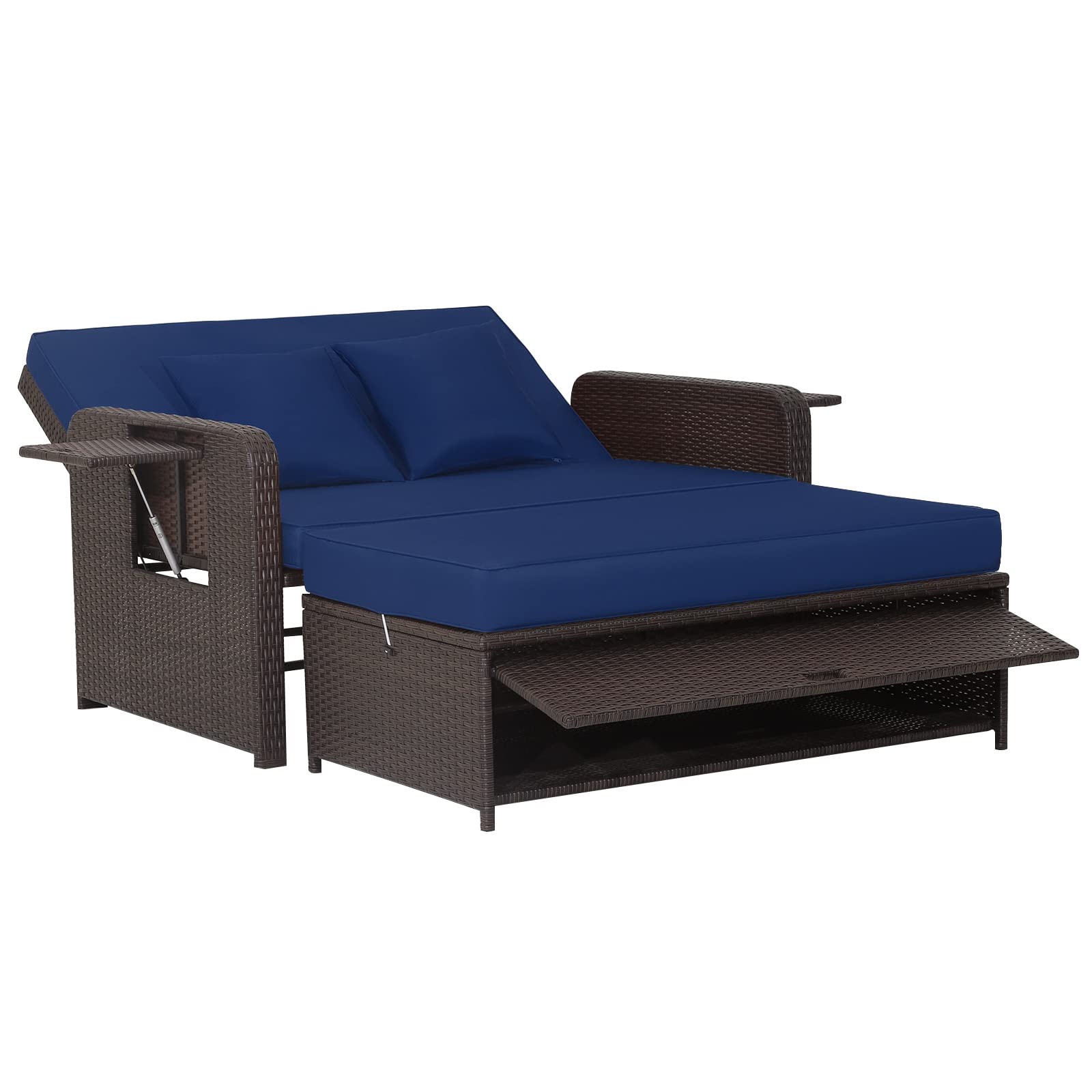 Tangkula Outdoor Rattan Daybed Set with Adjustable Backrest - Wicker Loveseat Sofa, Ottoman & Side Tray - Includes Storage Footstool & Cushions (Navy) - Perfect for Patio, Garden, Poolside & Backyard Relaxation