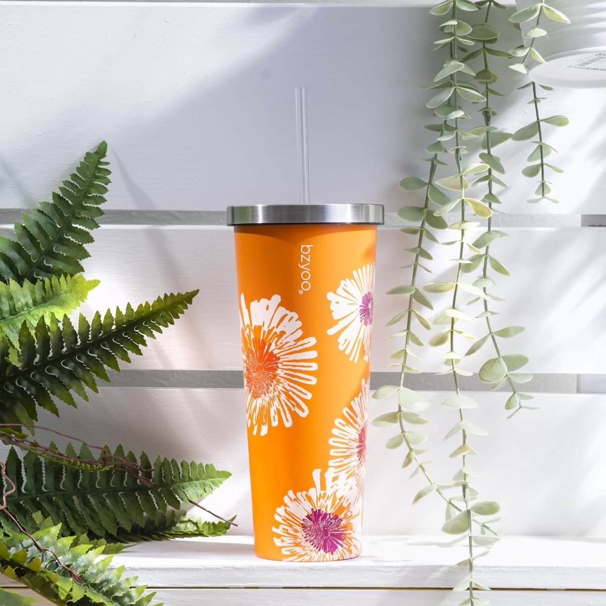 24oz Double Wall Vacuum Insulated Stainless Steel Tumbler with Straw Lid - Floral Orange Design | Leakproof & Sweatproof | Perfect for Coffee, Iced Tea & Outdoor Activities