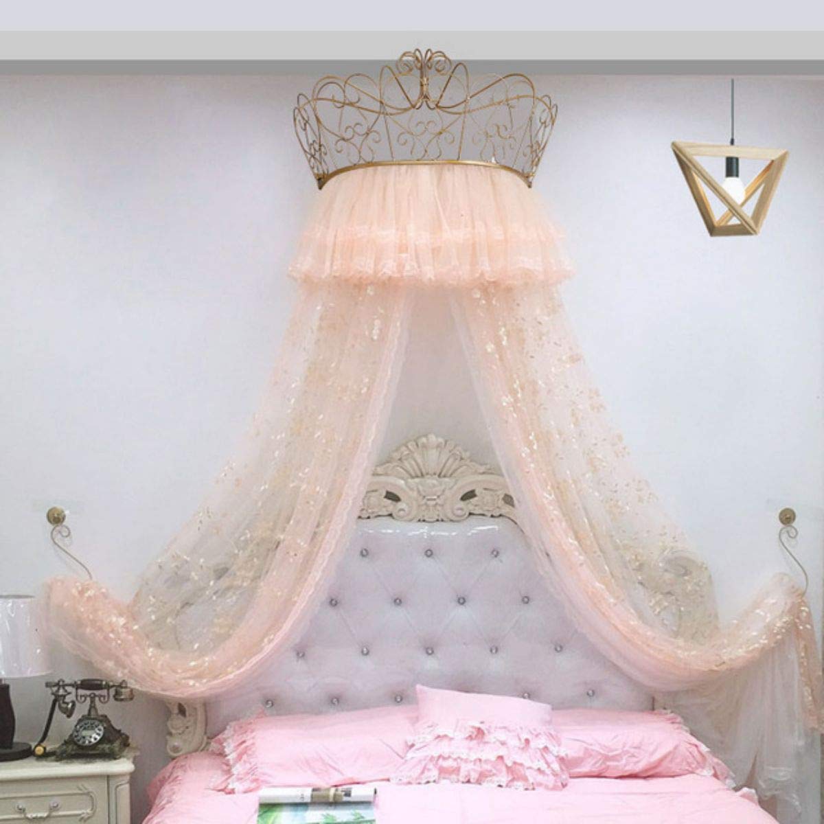 Royal Princess Crown Bed Canopy - Vintage Lace Bed Curtain for Girls Room Decor, Romantic Yarn Net Bedside Tent, 1.5m (5ft) Valance - Perfect for Kids Bedroom, Fairy Tale Themed Parties & Nursery Decor (Style C)