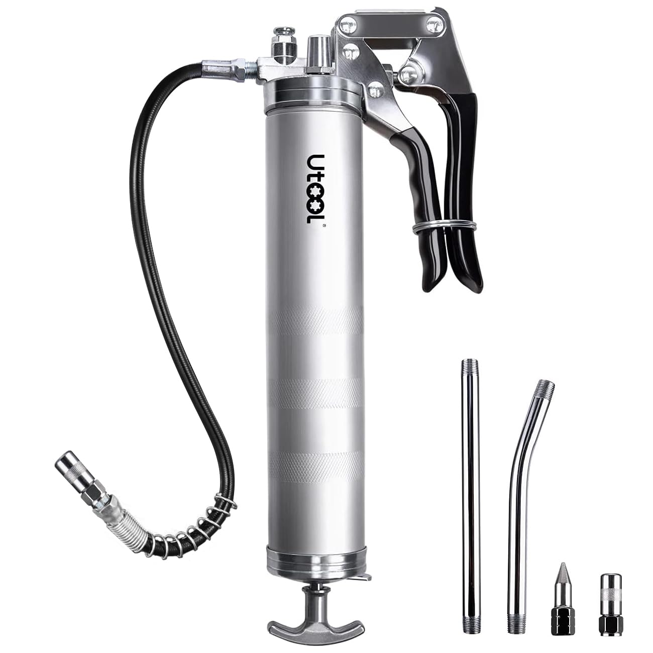 UTOOL 8000 PSI Heavy Duty Pistol Grip Grease Gun Kit - 14 oz Capacity with 18 Inch Resin Flex Hose, 2 Couplers, 2 Extension Pipes & Nozzle - Perfect for Automotive, Industrial & Farm Equipment Maintenance