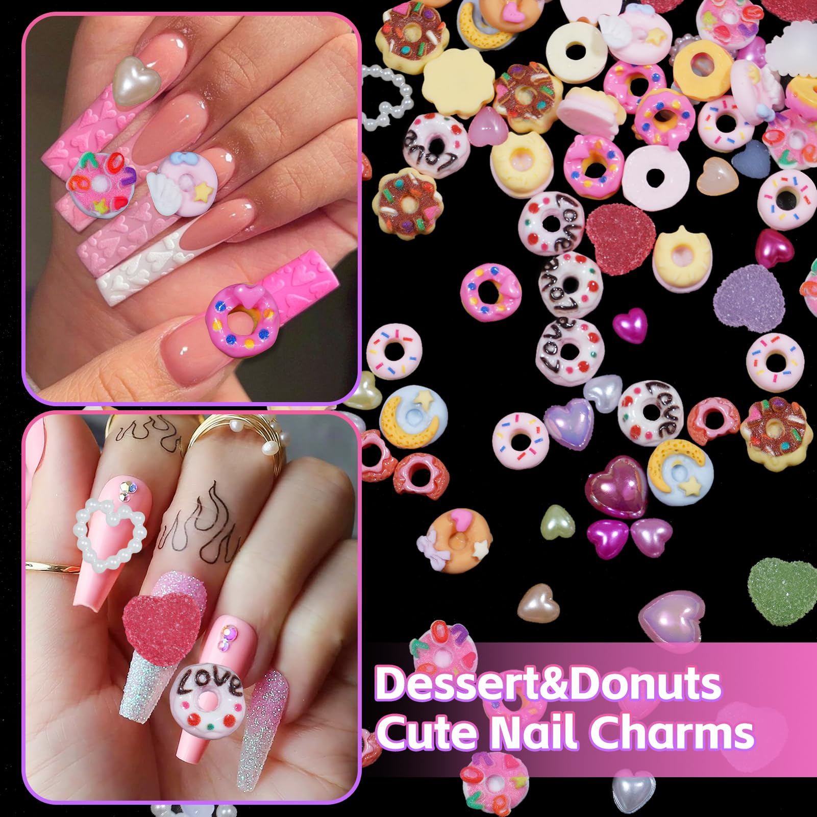 3D Candy Nail Charms - Assorted Donut, Pearl Heart & Cartoon Nail Art Decorations for DIY Nail Design | Includes Pickup Tools | Perfect for Nail Salons, Home Manicures & Party Nail Art