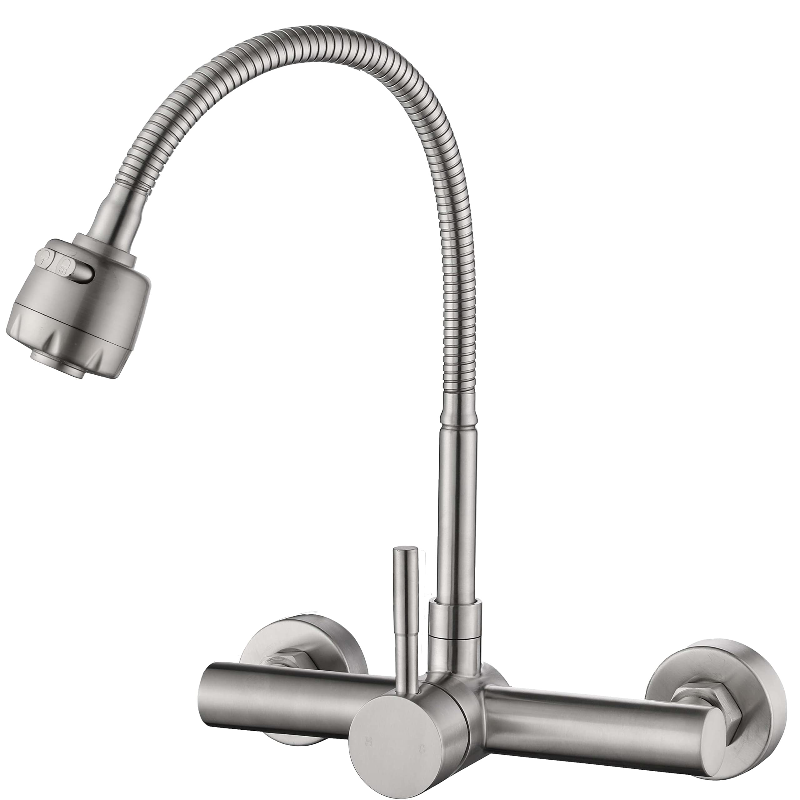 Brushed Nickel 8 Inch Wall Mount Kitchen Faucet with Sprayer - Single Handle 360° Swivel Hose Utility Sink Faucet Mixer Tap for Modern Kitchens & Laundry Rooms