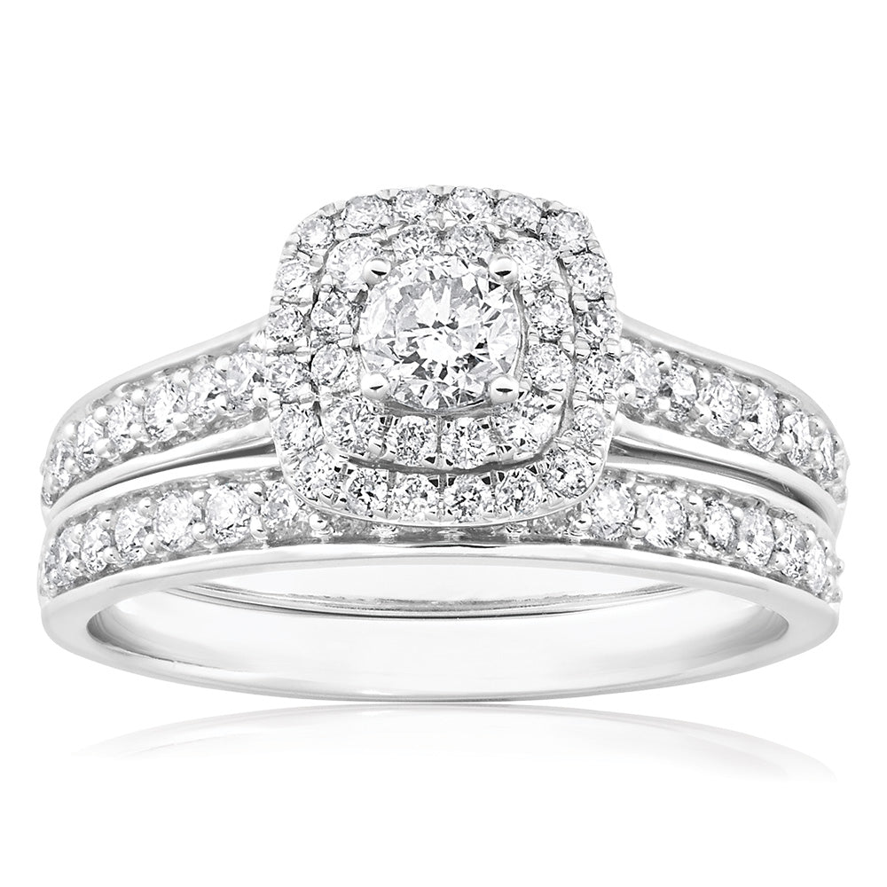 9ct White Gold 2 Ring Bridal Set With 65 Diamonds (1 Carat Total) - Elegant Wedding & Engagement Ring Set for Brides, Perfect for Proposals, Anniversaries & Special Occasions