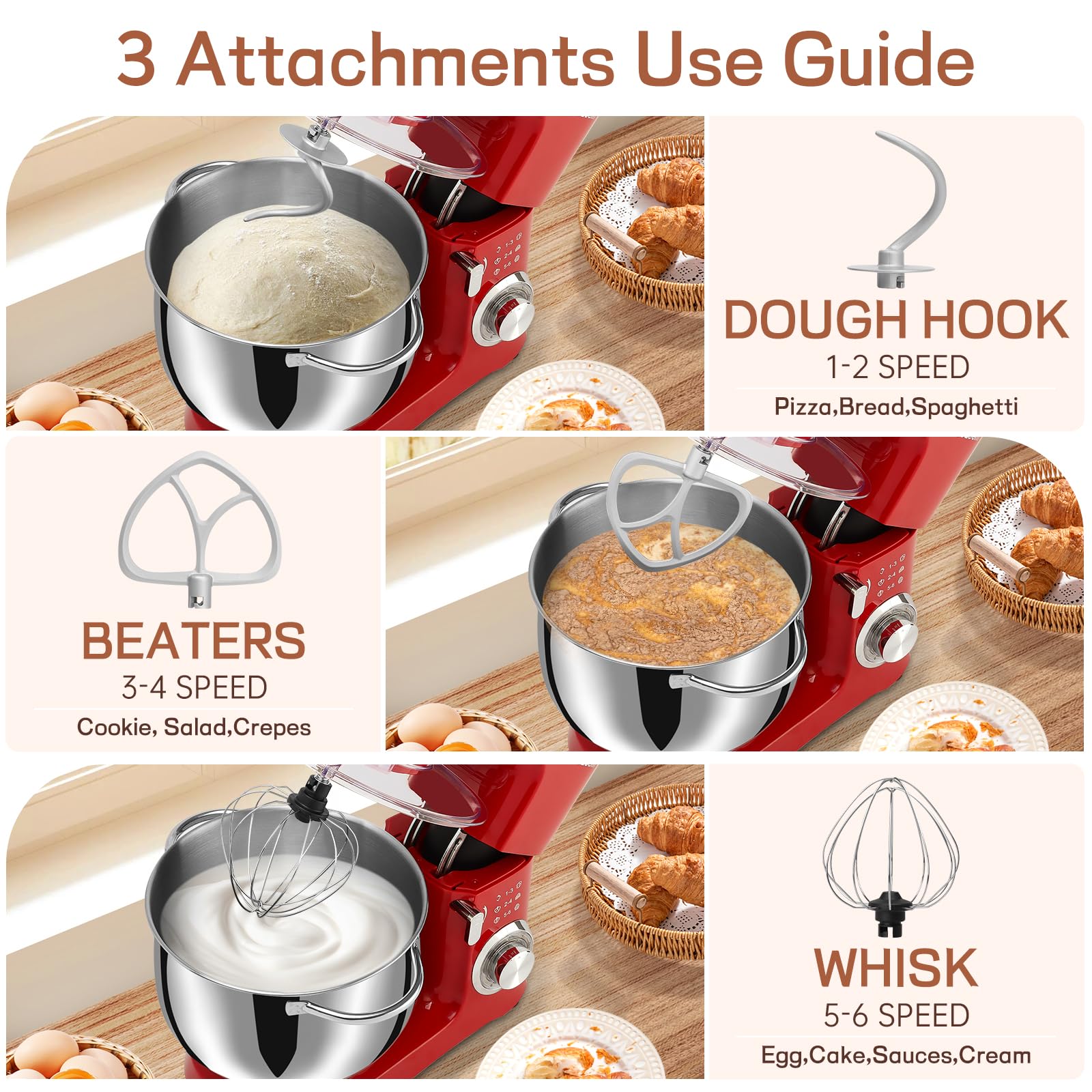 SEEDEEM 8.5 Qt Stand Mixer - 660W Powerful 6-Speed Tilt-Head Electric Kitchen Mixer with Dishwasher-Safe Dough Hook, Wire Whip & Beater - Perfect for Baking Bread, Cookies, Cakes & More - Red