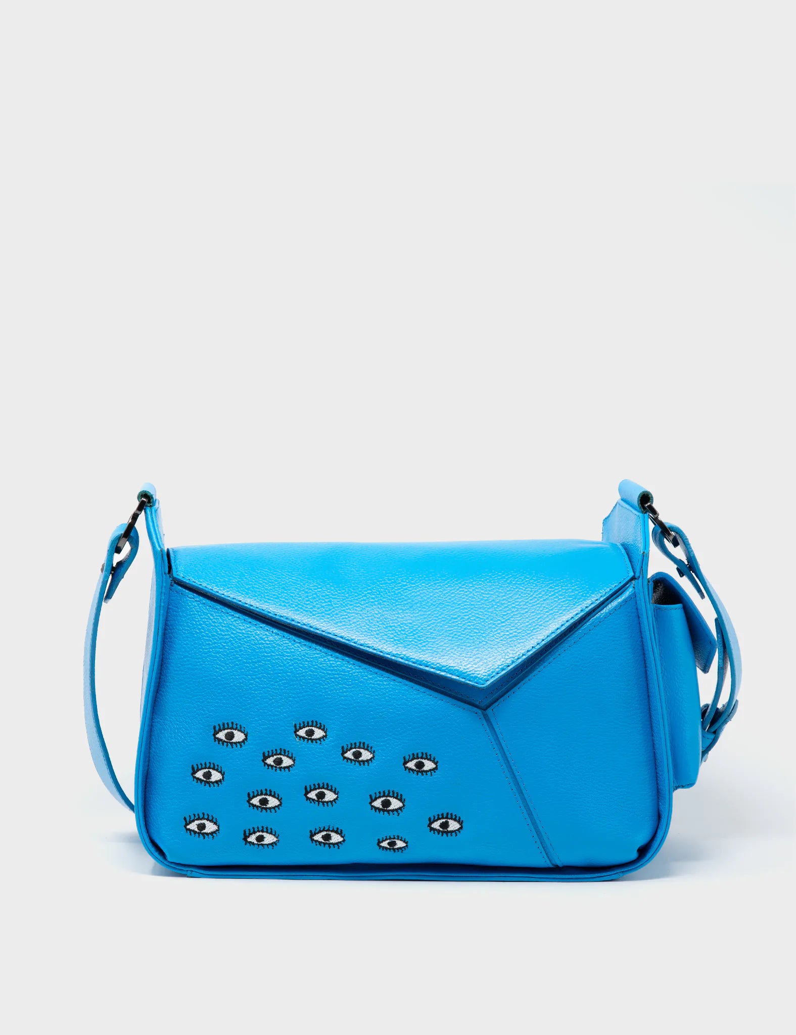 Houston Blue Leather Shoulder Bag with Eye Embroidery - Stylish Crossbody Purse for Women, Perfect for Work, Travel & Everyday Use