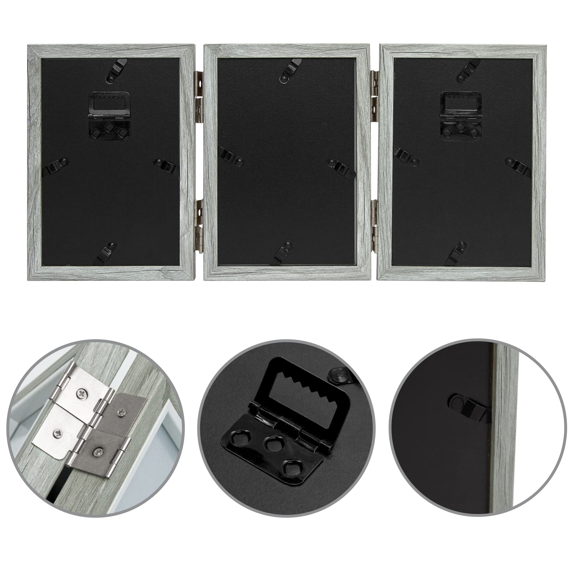 4x6 Picture Frame Collage Set of 3 - Real Glass Grey Wood Foldable Photo Frames for Wall & Tabletop Display - Perfect Gift for Family & Friends - Home Decor, Office, Living Room, Bedroom Display