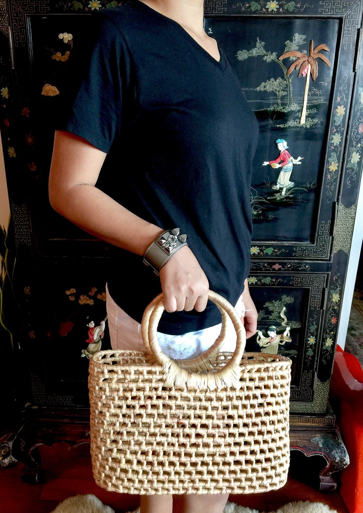 Medium Straw Basket Tote Bag - Natural Woven Beach Bag for Women, Summer Picnic, Shopping & Outdoor Activities | Eco-Friendly Handmade Straw Purse