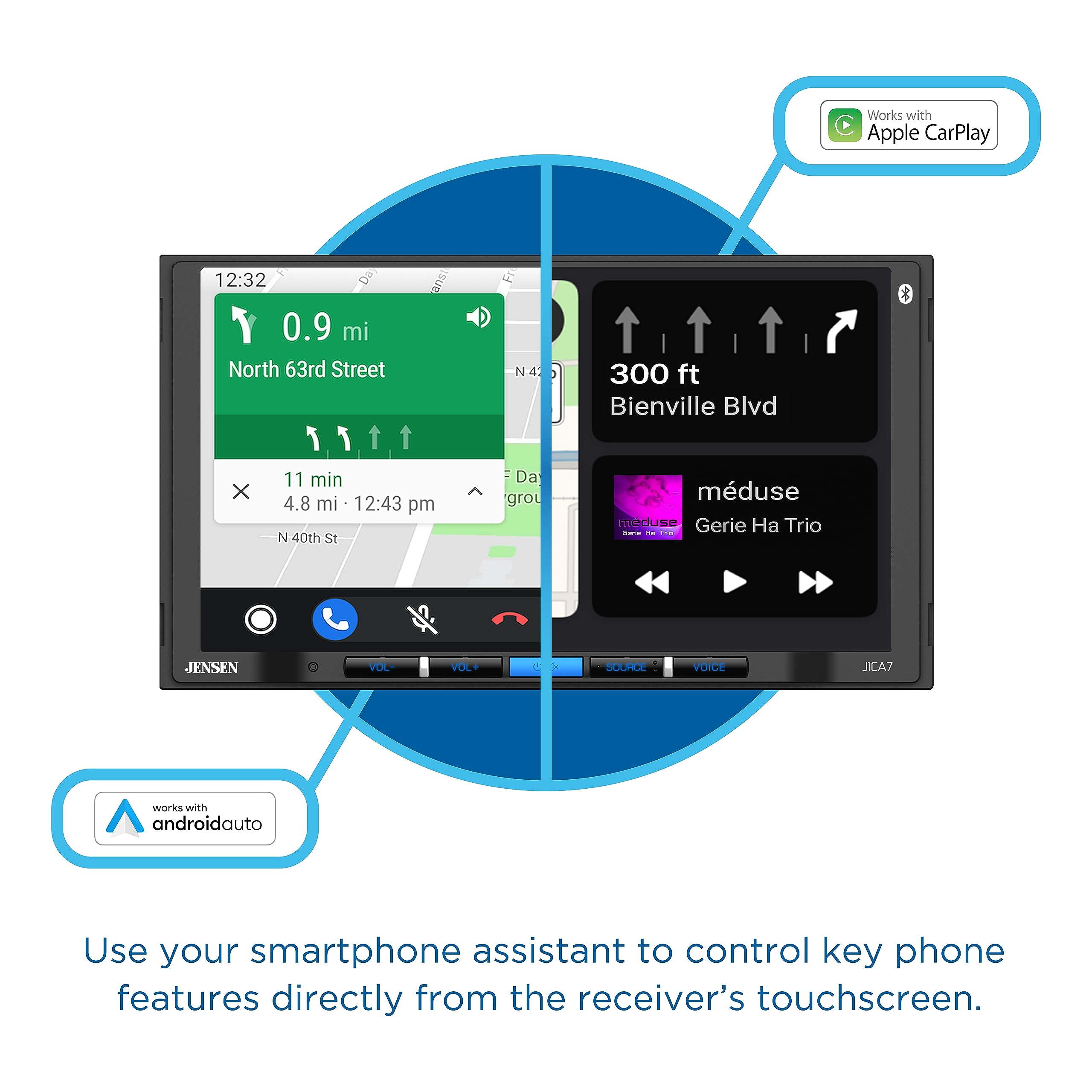 JENSEN J1CA7 7-inch Apple CarPlay & Android Auto Double DIN Touchscreen Car Stereo - Bluetooth Hands-Free Calling, Music Streaming, Backup Camera Input, USB Playback & Charging - Perfect for Road Trips & Daily Commutes