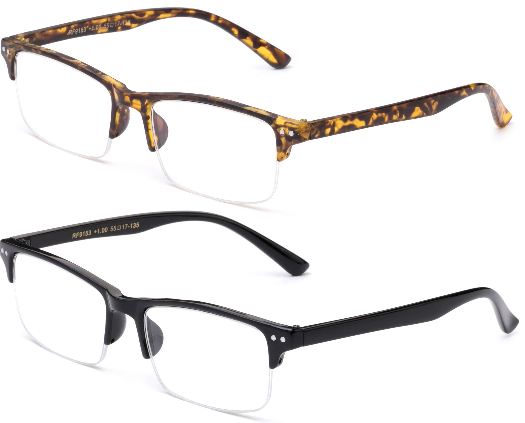 2 Packs Wide Frame Reading Glasses - Semi Rimless Stylish Fashion Readers with Carrying Pouch for Women & Men - Perfect for Reading, Computer Use, and Daily Wear