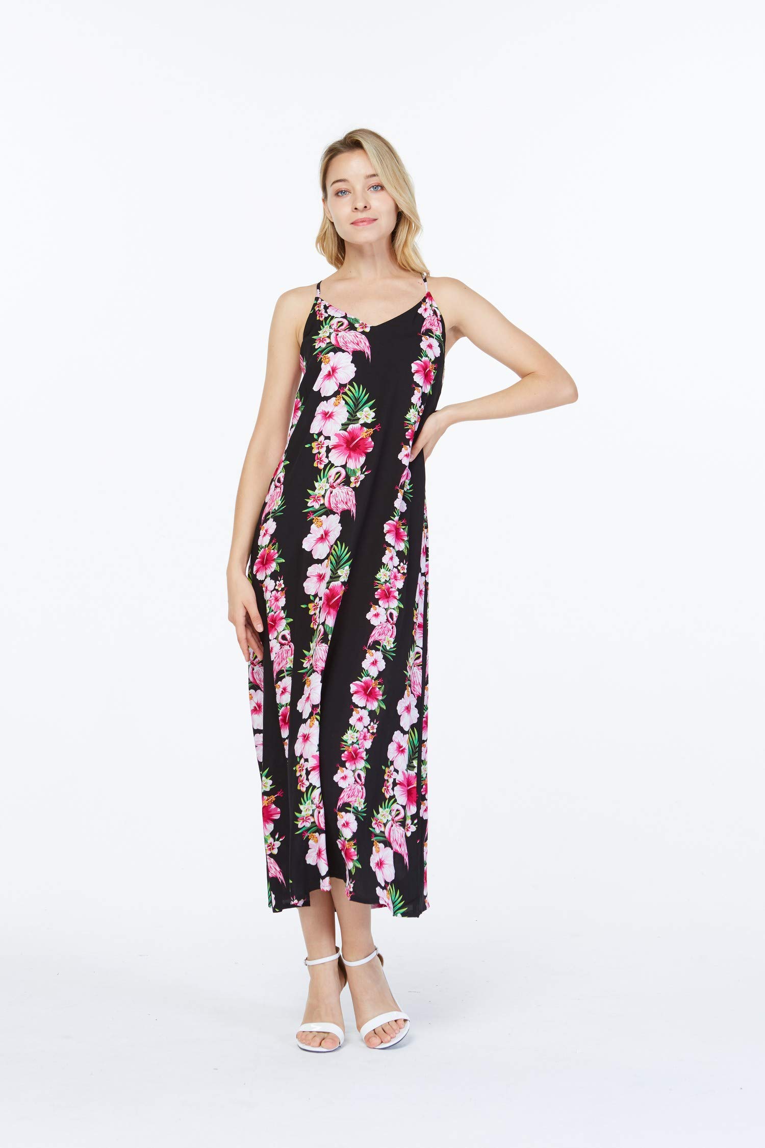 Women's Hawaiian Luau Pink Hibiscus Vine Maxi Sweetheart Dress - Floral Summer Beach Party Dress for Vacation, Wedding & Tropical Events