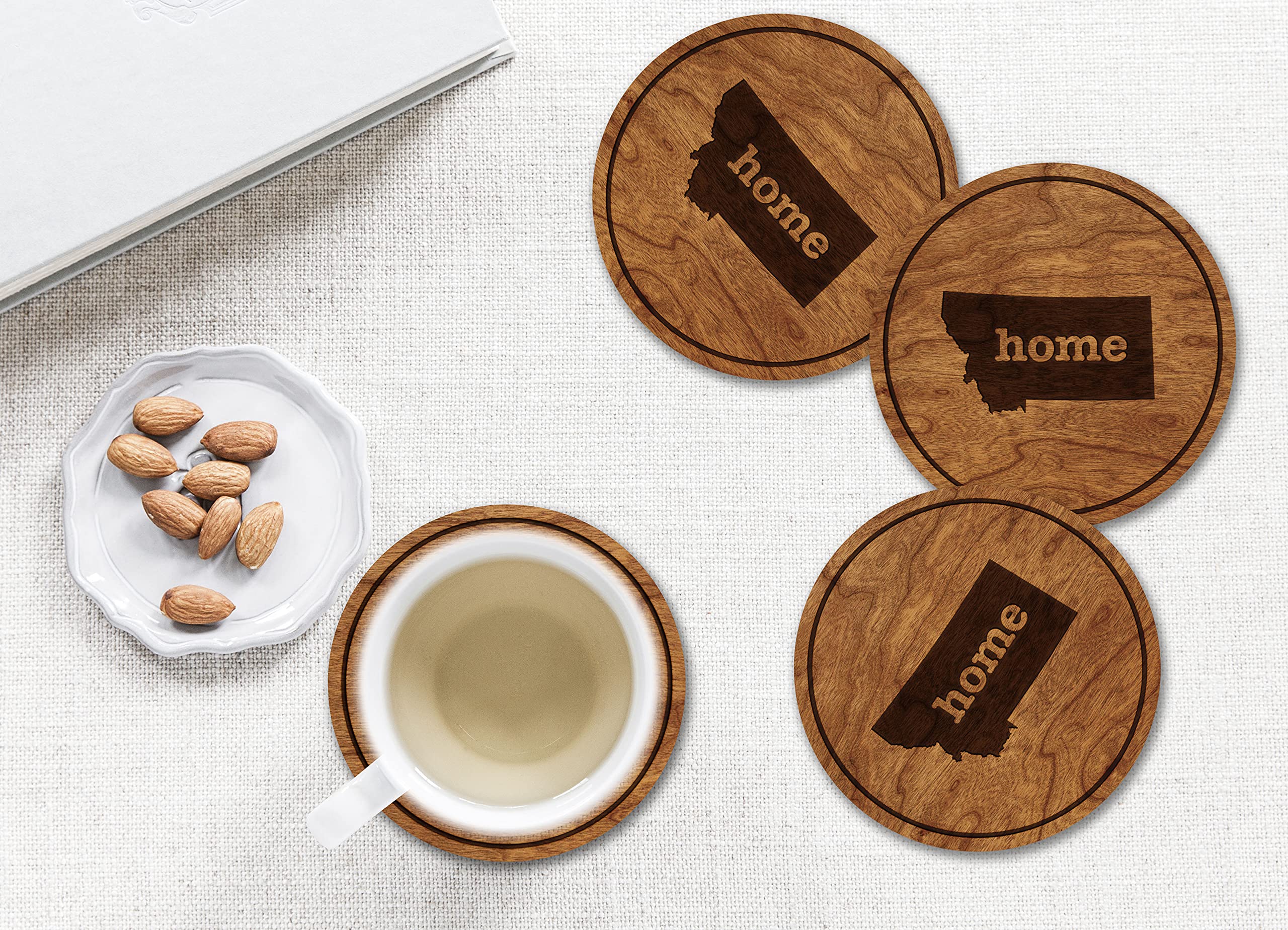 Montana State Map Wooden Coasters Set of 4 - Rustic Home Decor for Coffee Table, Bar, Office & Gifts - USA Made Laser Engraved Drink Coasters