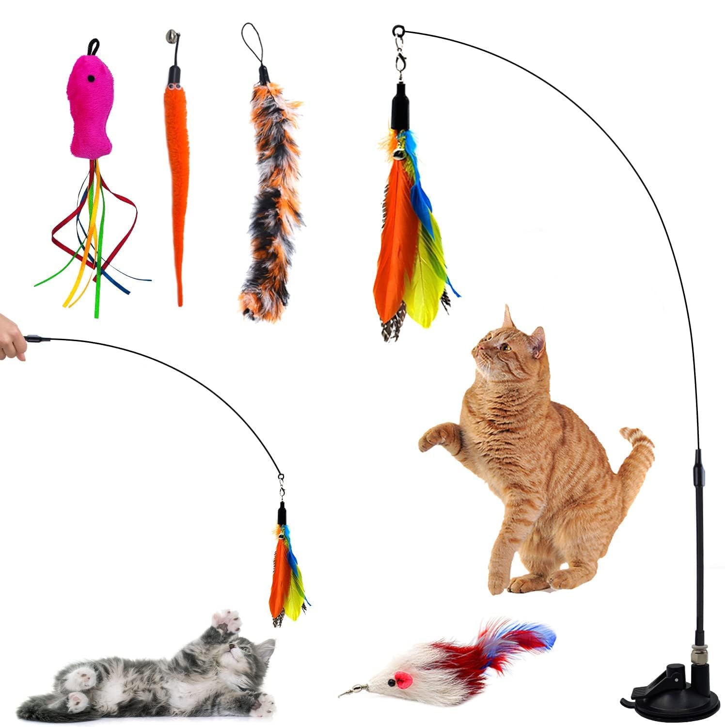 Interactive Cat Feather Wand Toy with 5 Accessories - Indoor Exercise & Play for Adult Cats