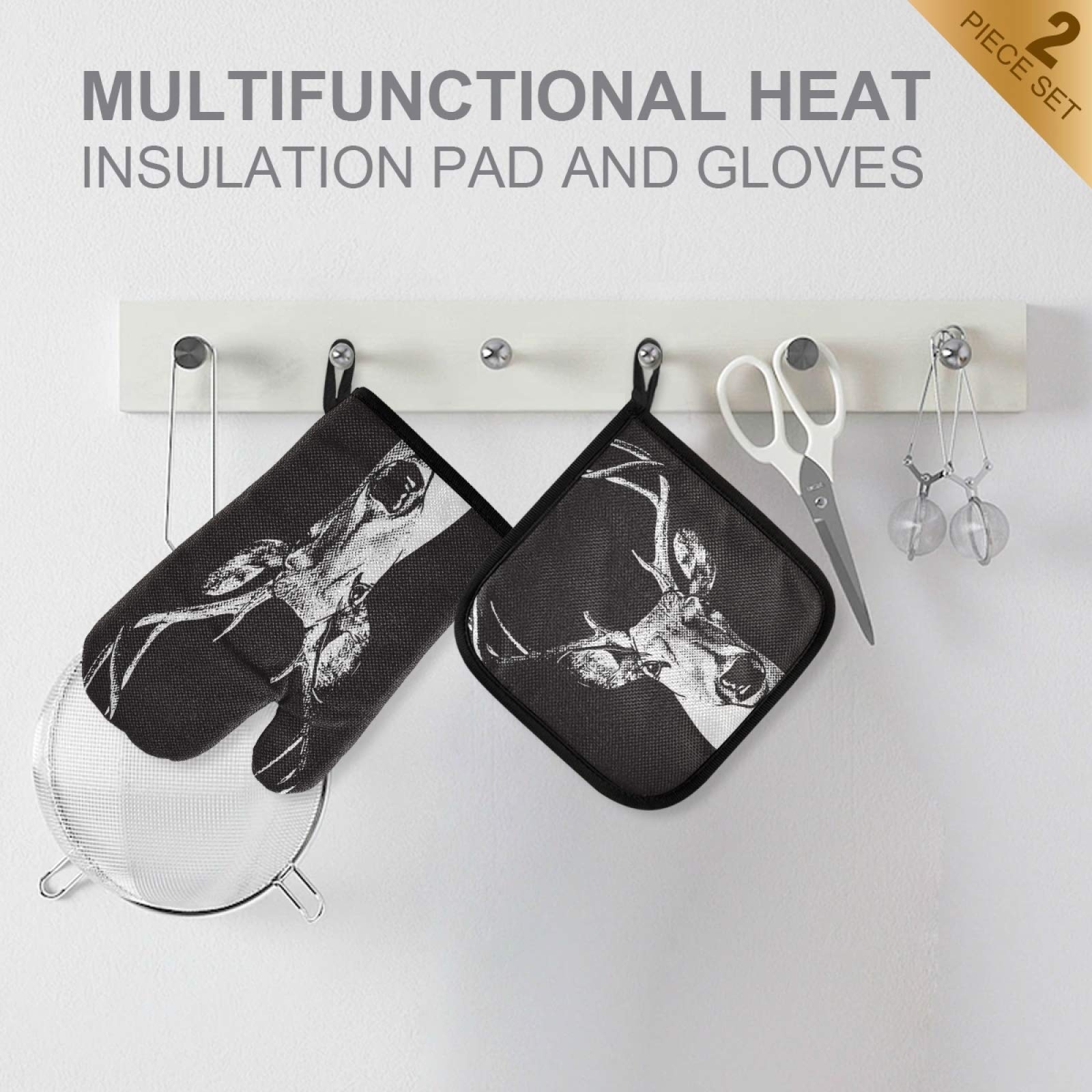 Heat Resistant Elk Art Quilted Oven Mitt & Pot Holder Set - Deer Painting Kitchen Gloves for Cooking, Baking, Grilling - Machine Washable Hot Pads for Christmas Gifts & Holiday Cooking