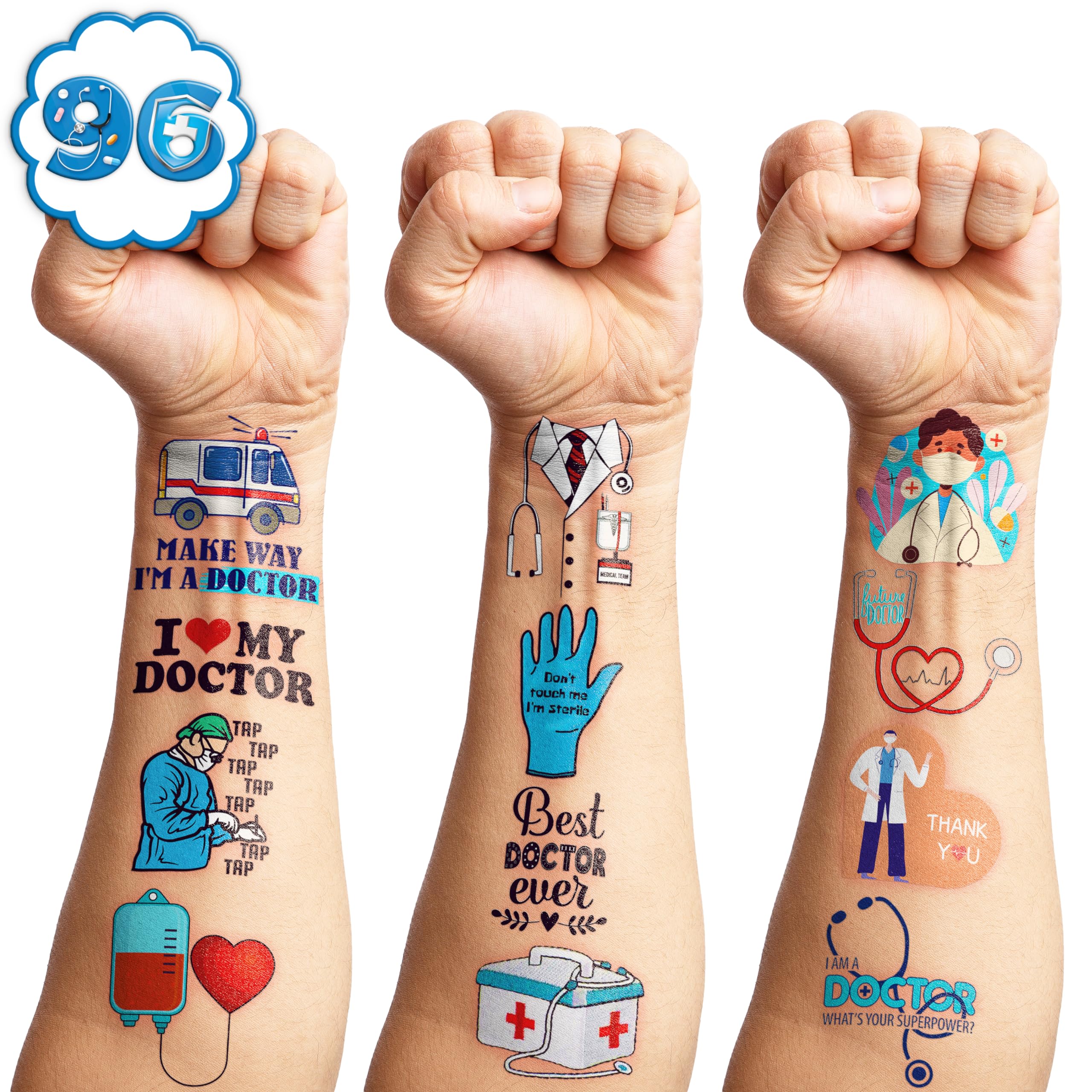 96PCS Funny Doctor Medical Equipment Temporary Tattoos - Themed Birthday Party Decorations, Favors & Supplies - Cute Healthcare Nurse Pharmacy Tattoo Stickers - Perfect Gifts for Kids, Boys & Girls - Ideal for School Prizes, Halloween Costumes & Role Play Activities