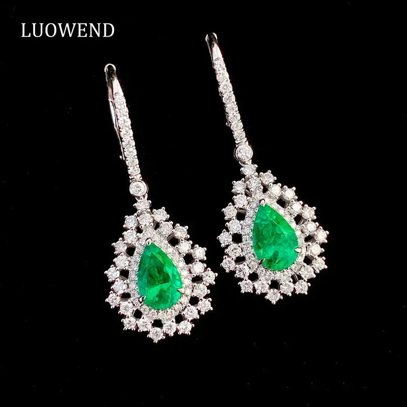 18K White Gold Emerald and Diamond Earrings for Women - Luxury Romantic Style Natural Gemstone Jewelry - Perfect for Senior Banquets, Weddings & Special Occasions