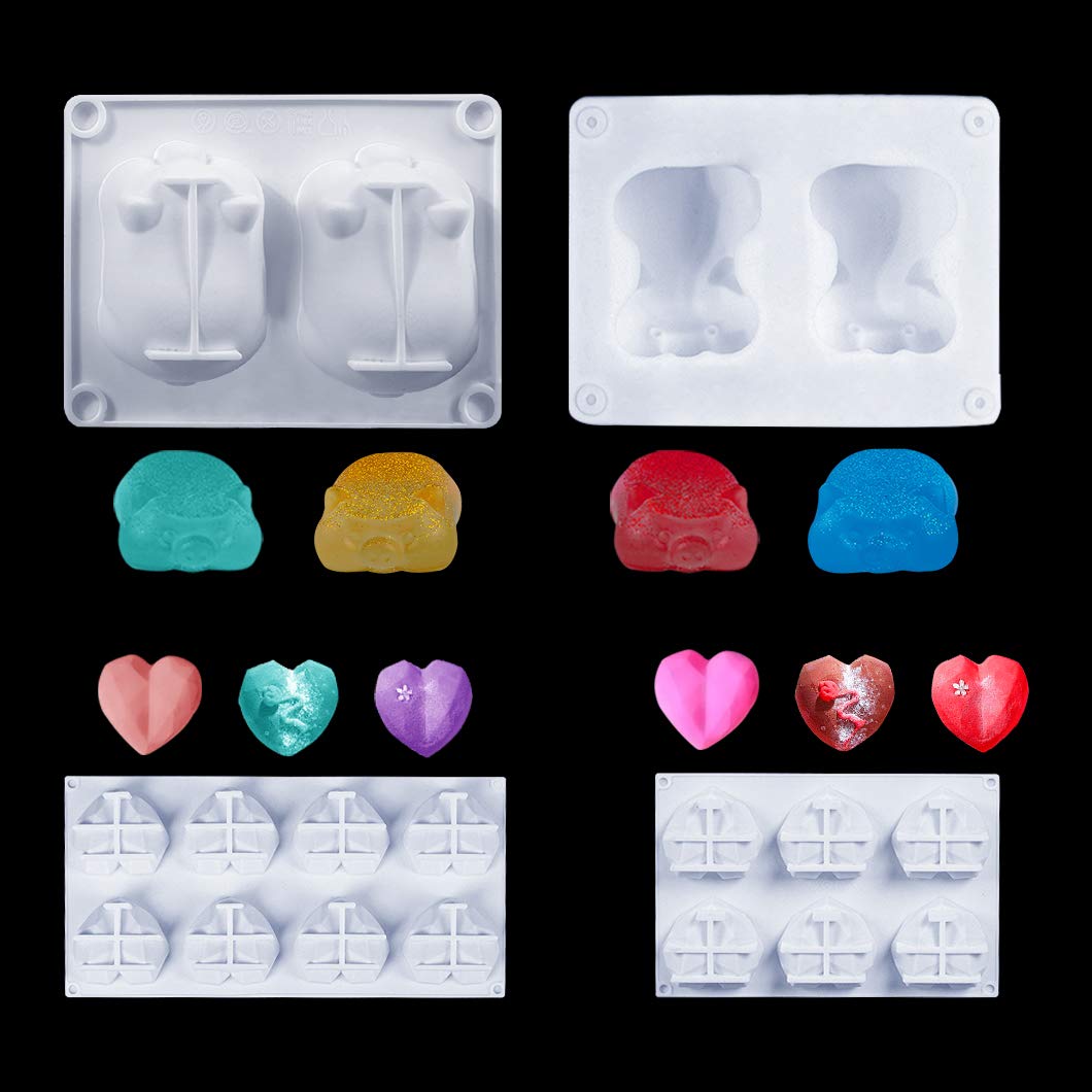 4pcs 3D Diamond Heart & Cute Piggy Silicone Chocolate Molds Set - Fondant, Candy, Jelly, Mousse, Cake Baking & Soap Making DIY Tools - Perfect for Valentine's Day, Birthday Parties & Home Baking Decorations