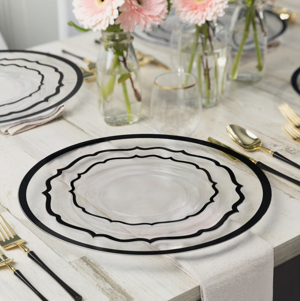 32-Piece Clear & Black Rim Plastic Dinnerware Set for 16 Guests - Modern Dinner Plates, Salad Plates, Bowls & Cups - Perfect for Outdoor Dining, Parties, BBQs & Picnics