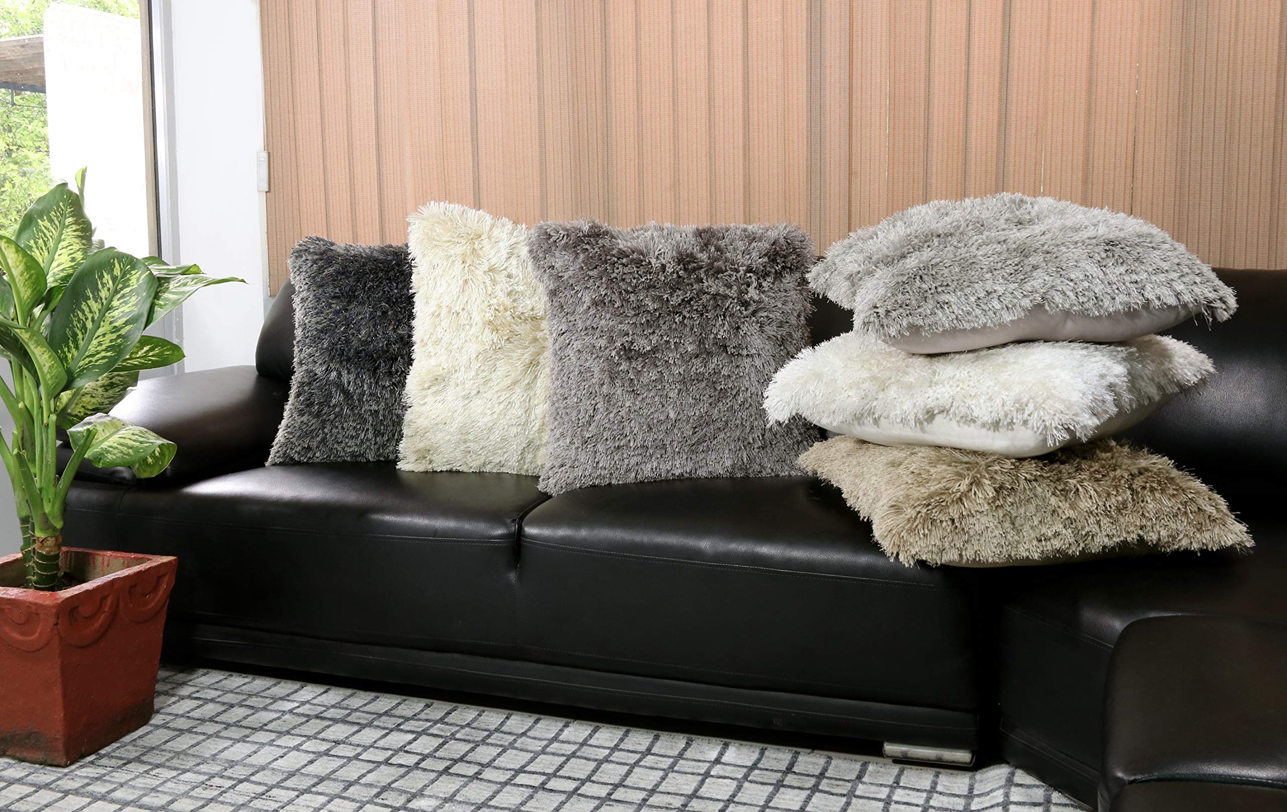 LR Home Dark Gray Shag Throw Pillow - Soft Fluffy Decorative Cushion for Sofa, Bed, Living Room & Home Decor