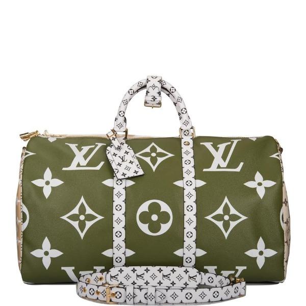Authentic Louis Vuitton Keepall Bandouliere 50 Travel Bag - Giant Monogram in Green & Beige - Perfect for Weekend Getaways & Luxury Travel Accessories