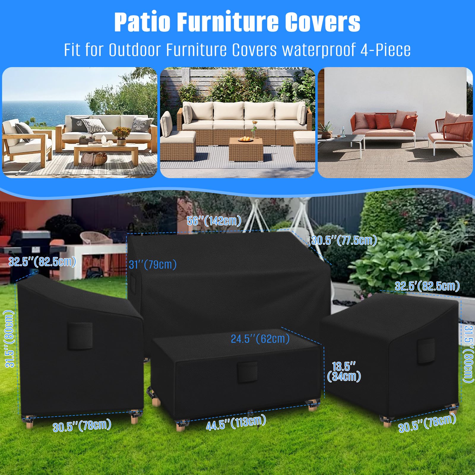 SIRUITON 4-Piece Waterproof Patio Furniture Covers Set - Heavy Duty Durable Outdoor Furniture Covers for Chairs, Couch & Coffee Table - All-Weather Protection for Backyard, Deck, Garden (Black)