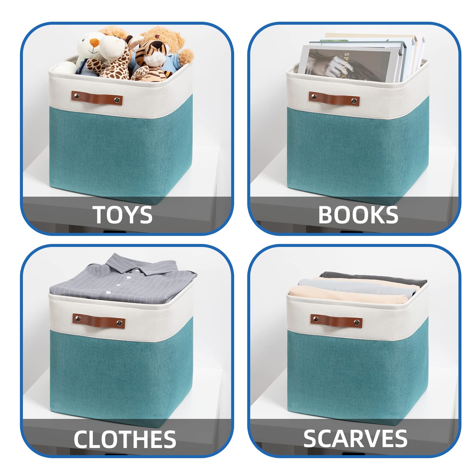 Temary 13x13 Inch Fabric Storage Cubes & Bins - 4-Pack Large Organizing Baskets with Handles for Clothes, Books, Toys - Perfect for Closet, Nursery, Office Organization (White & Teal)