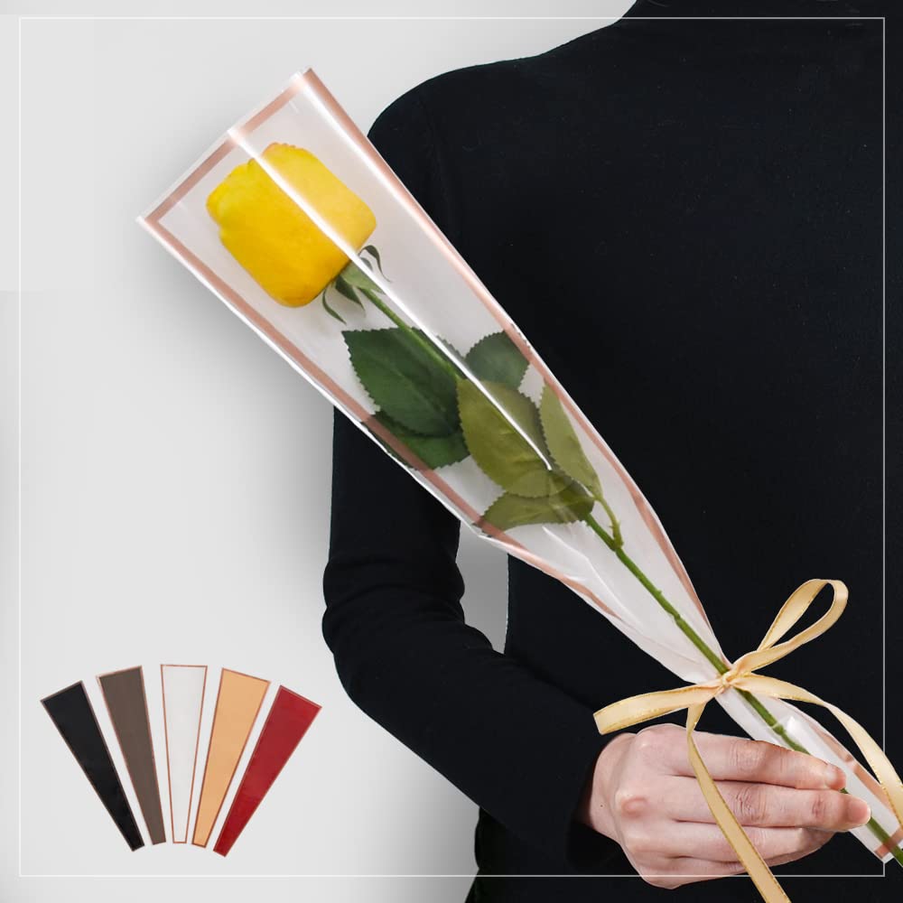 BEISHIDA 50 PCS Plastic Single Rose Sleeve Bouquet Bags - Flower Wrapping Packaging for Valentine's Day, Wedding, Birthday, Graduation, Father's Day (White with Champagne Edging) | Perfect for Floral Arrangements, Gift Wrapping, and Party Decorations