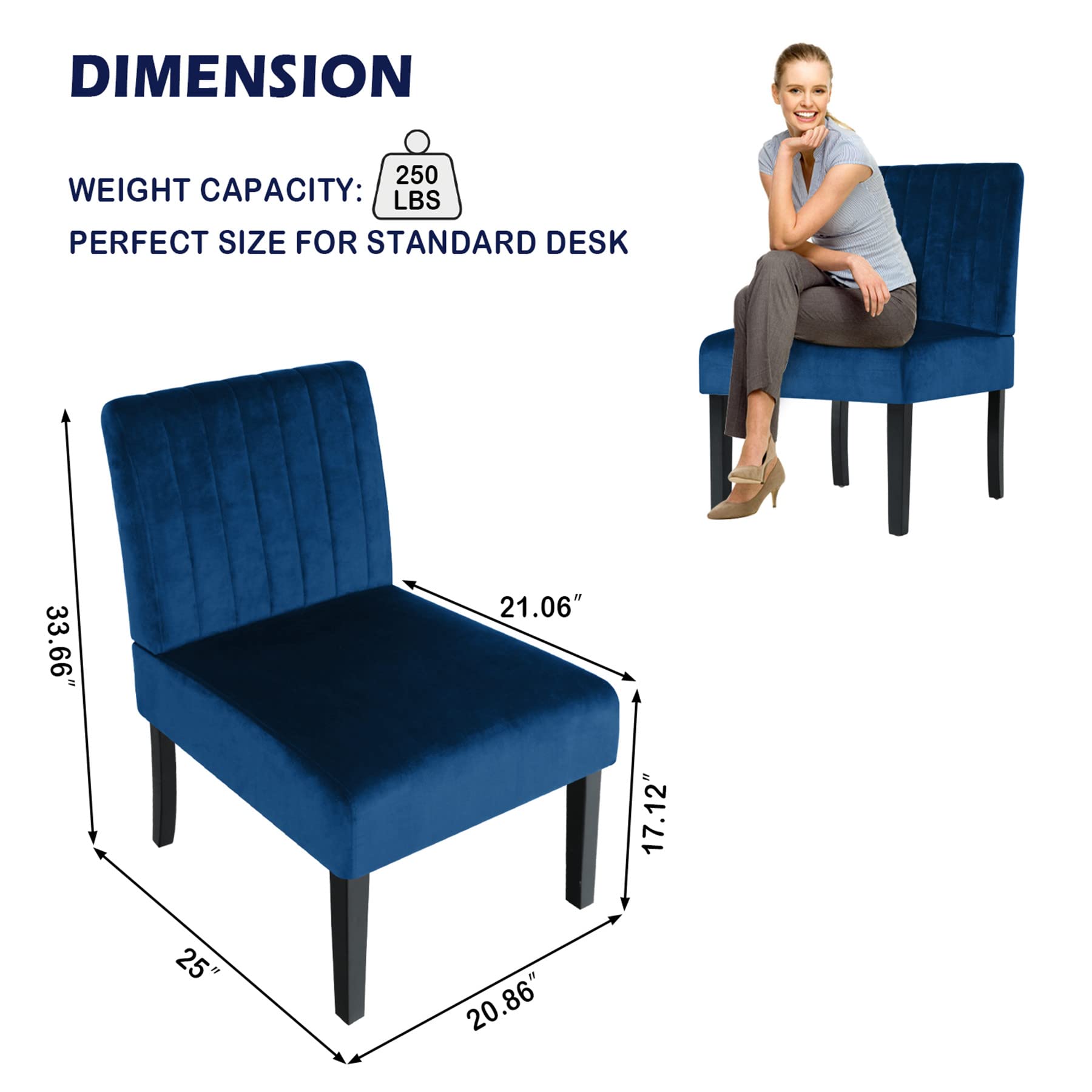 Modern Velvet Armless Accent Chair - Navy Blue Slipper Chair for Bedroom, Living Room & Vanity | Stylish Corner Side Chair for Home Decor & Relaxation