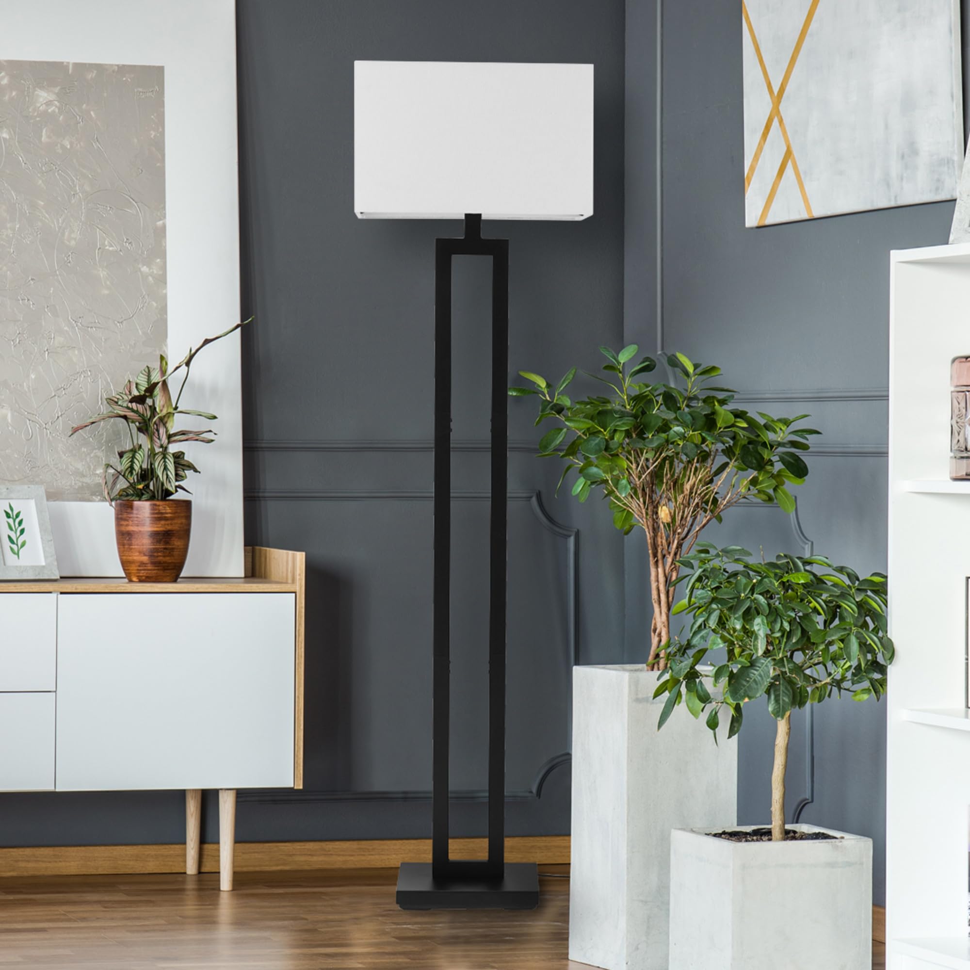 Globe Electric 67046 58-Inch Modern Floor Lamp with Matte Black Finish & White Linen Shade - Rotary On/Off Switch, Tall Standing Corner Light for Living Room, Bedroom, Office & Reading Nook Decor