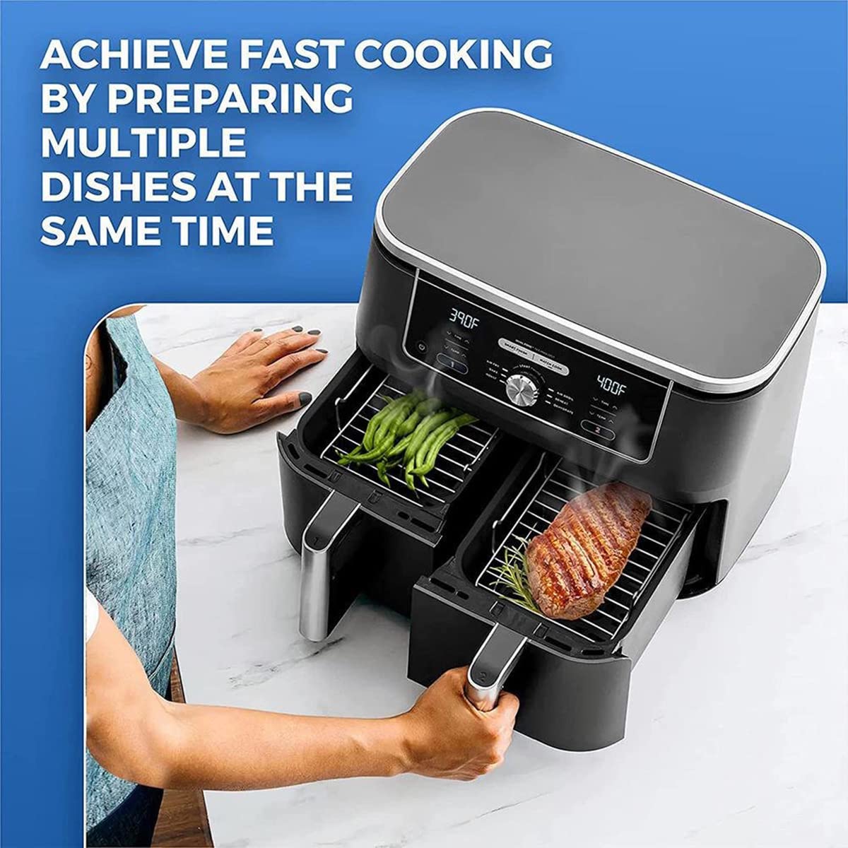 Keyohome 2-Piece Air Fryer Double Layer Grilling Rack with 4 Skewers - Stainless Steel Multi-Purpose Accessories for BBQ, Roasting & Baking - Perfect for Air Fryers, Ovens & Grills (Silver) - Great for Family Dinners, Parties & Healthy Cooking