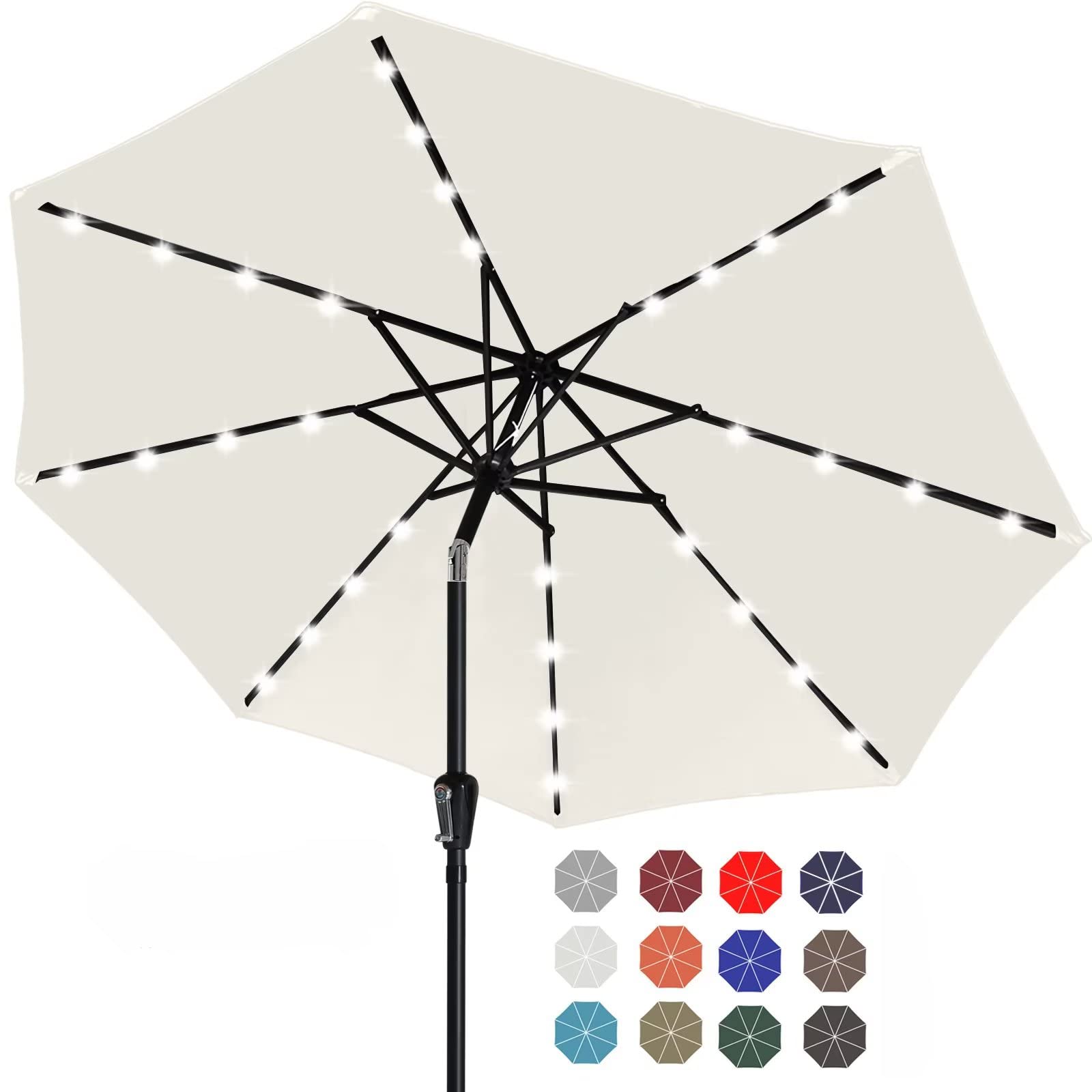 Durable 7.5FT Solar LED Patio Umbrella with 32 Lights - Light Beige Outdoor Canopy for Garden, Poolside & Backyard Relaxation