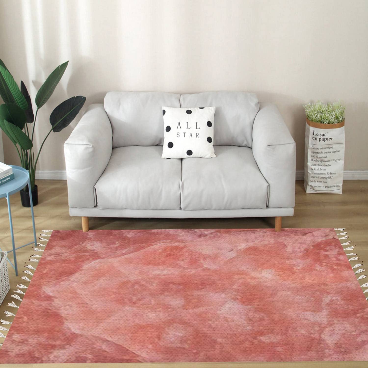 Luxury Boho Cotton Linen Retro Tassel Rug - Rose Quartz Abstract Textured Gemstone Design Washable Area Rug for Living Room, Bedroom, Kitchen & Bathroom Decor - Soft Woven Runner Mat for Indoor & Outdoor Use