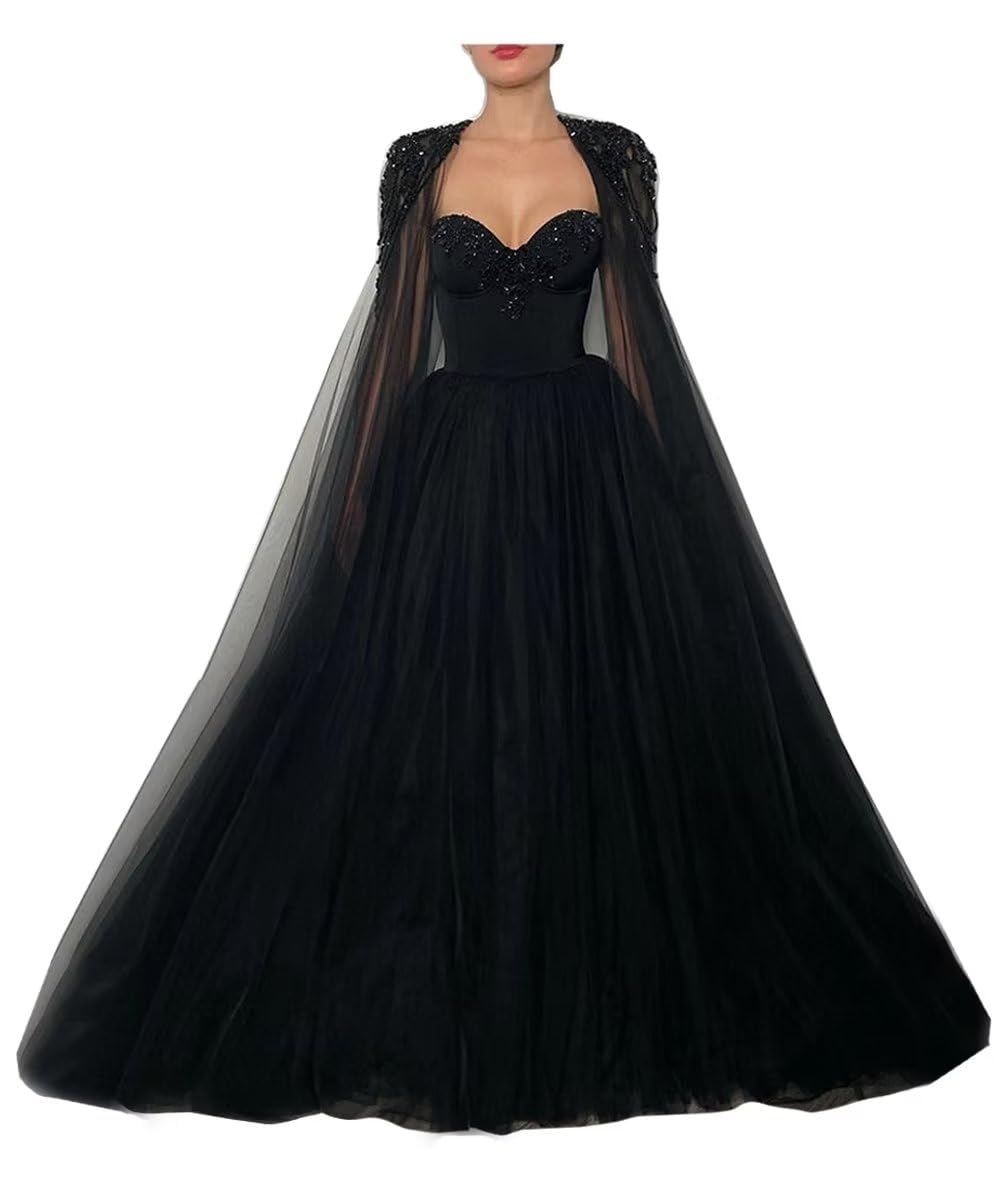 Elegant Black Beaded Wedding Dress with Cape | Strapless Tulle Bridal Gown for Bride | Pearly Embellished Long Wedding Dress for Evening Ceremony, Vow Renewal & Formal Events