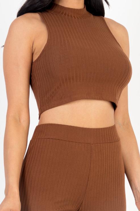 Stylish Ribbed Mock Neck Crop Tank Top & Bootcut Pants Set for Women | Trendy Two-Piece Outfit for Casual Wear, Date Night & Office Chic