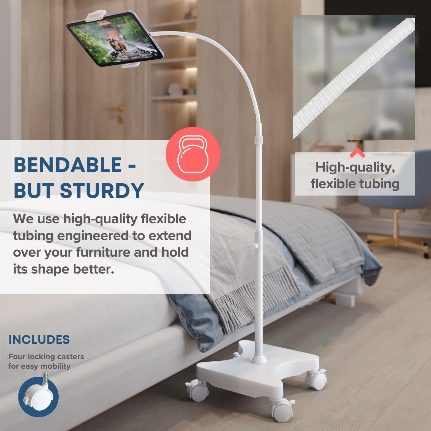 Adjustable Height Floor Stand with Wheels for Tablet & Phone - Sturdy Gooseneck Holder Mount with Stable Base - Universal Compatibility for All Smartphones & Tablets (4-13 inch) - White - Perfect for Home Office, Kitchen, Bedroom & Studio Use