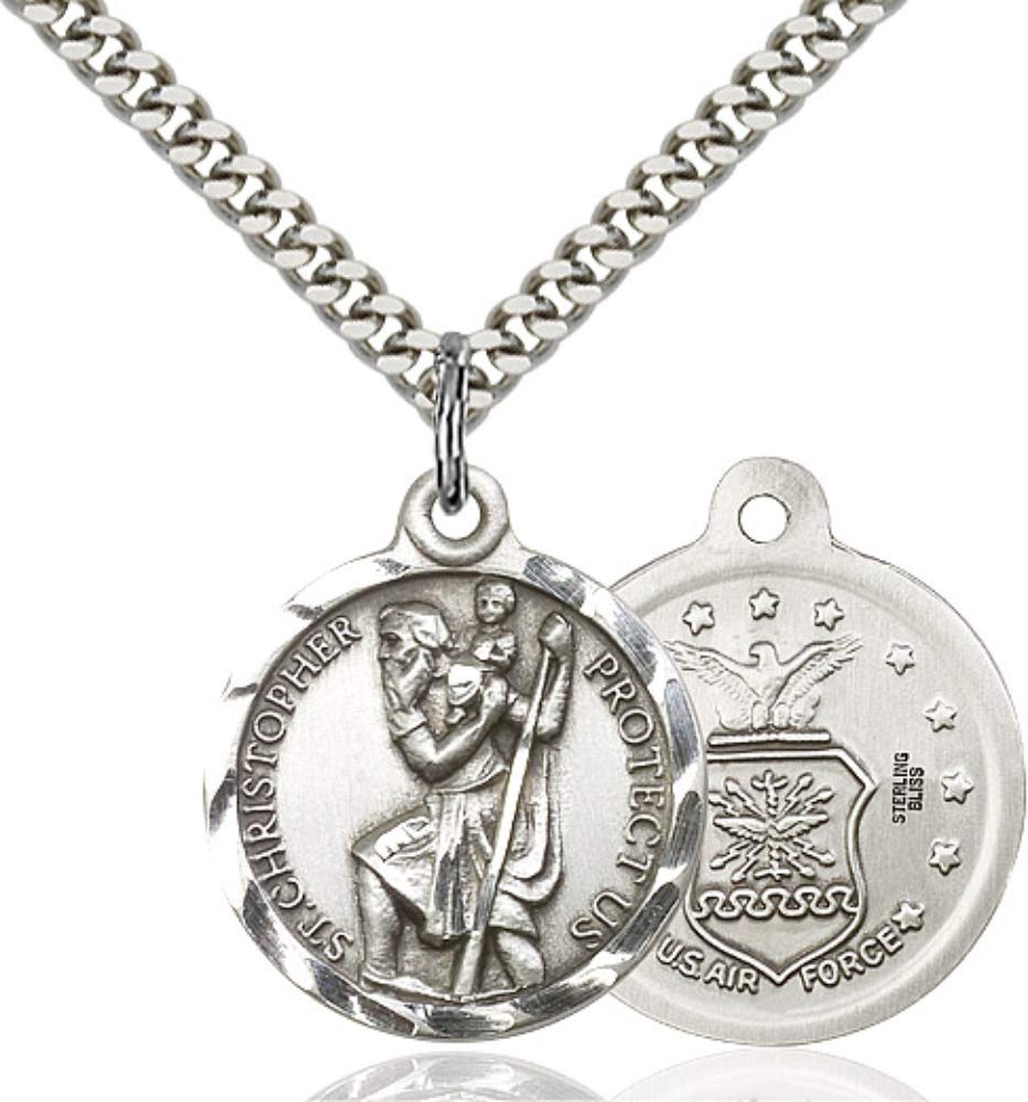 Men's Round Sterling Silver St. Christopher Air Force Medal - USA Made - Perfect for Military Gifts, Air Force Graduation & Protection Jewelry