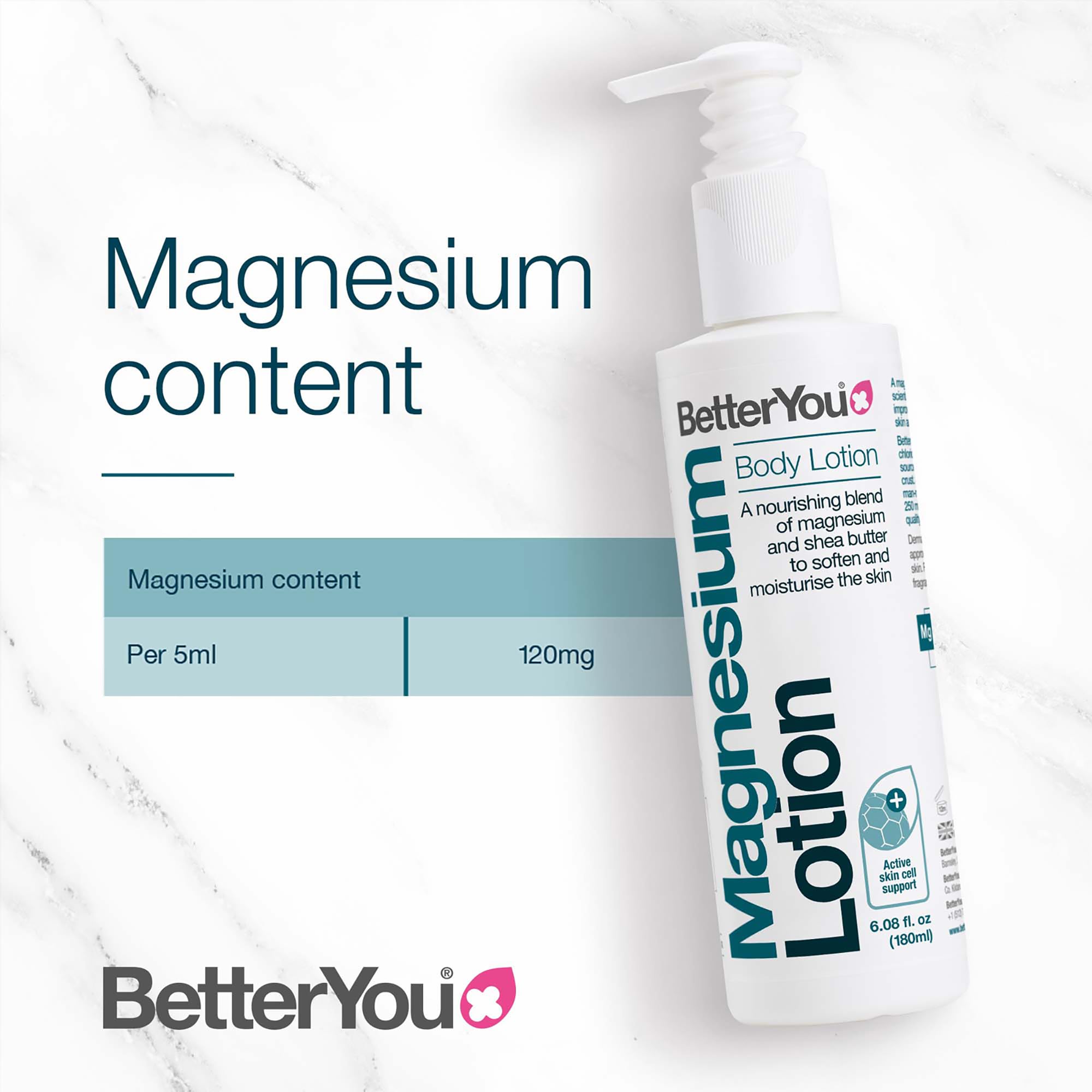 BetterYou Magnesium Body Lotion with Shea Butter - 6.08 oz Moisturizing Cream for Dry Skin, Muscle Relaxation & Stress Relief - Lightweight, Nourishing Formula for Daily Use at Home, Gym or Before Bed