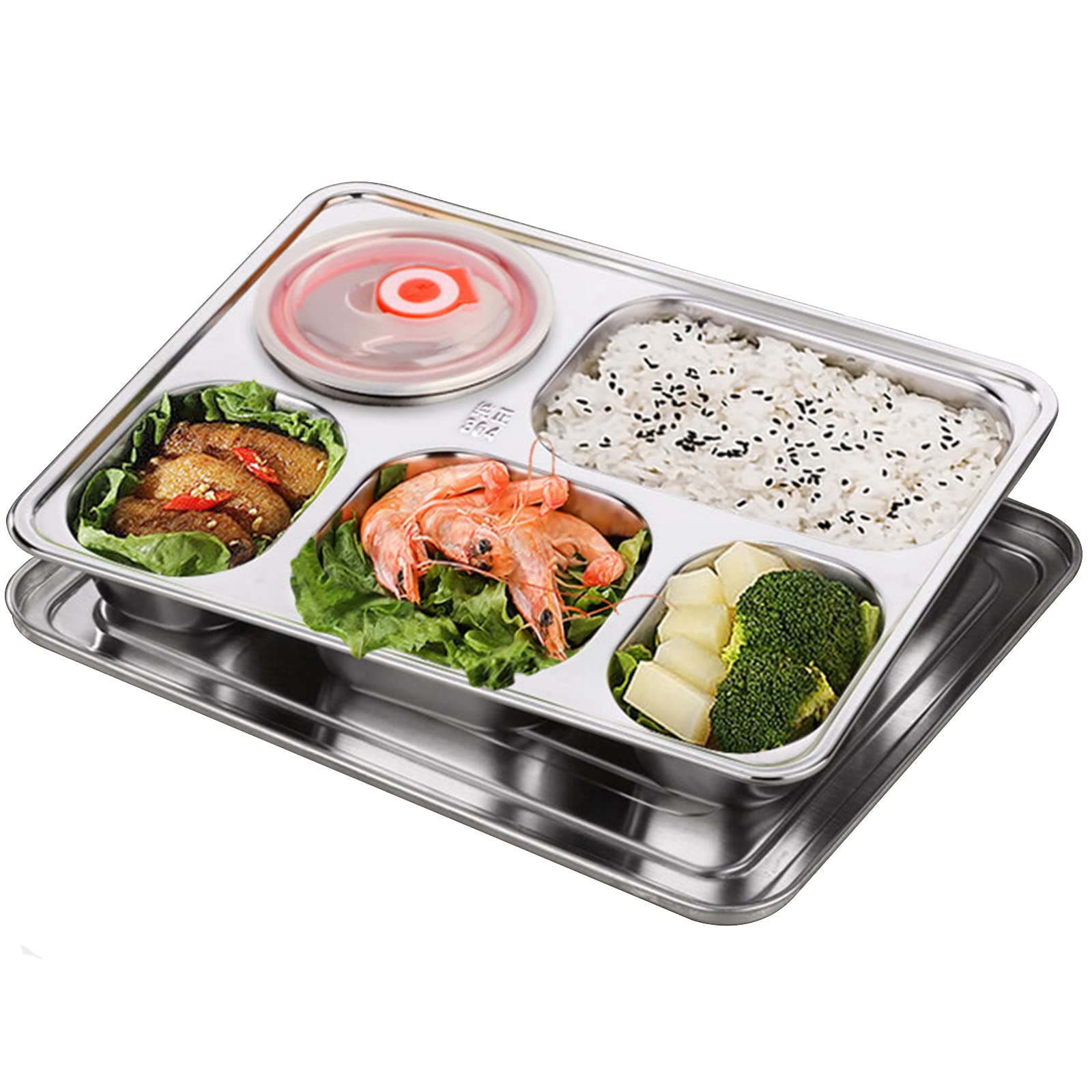 Premium 304 Stainless Steel 5-Compartment Divided Serving Tray with Lid & Soup Bowls – Rectangular Dinner Plates for Home, Kitchen, Party, Buffet & Catering (3.8cm Depth) – Ideal for Meal Prep, BBQ, Picnic & Food Presentation