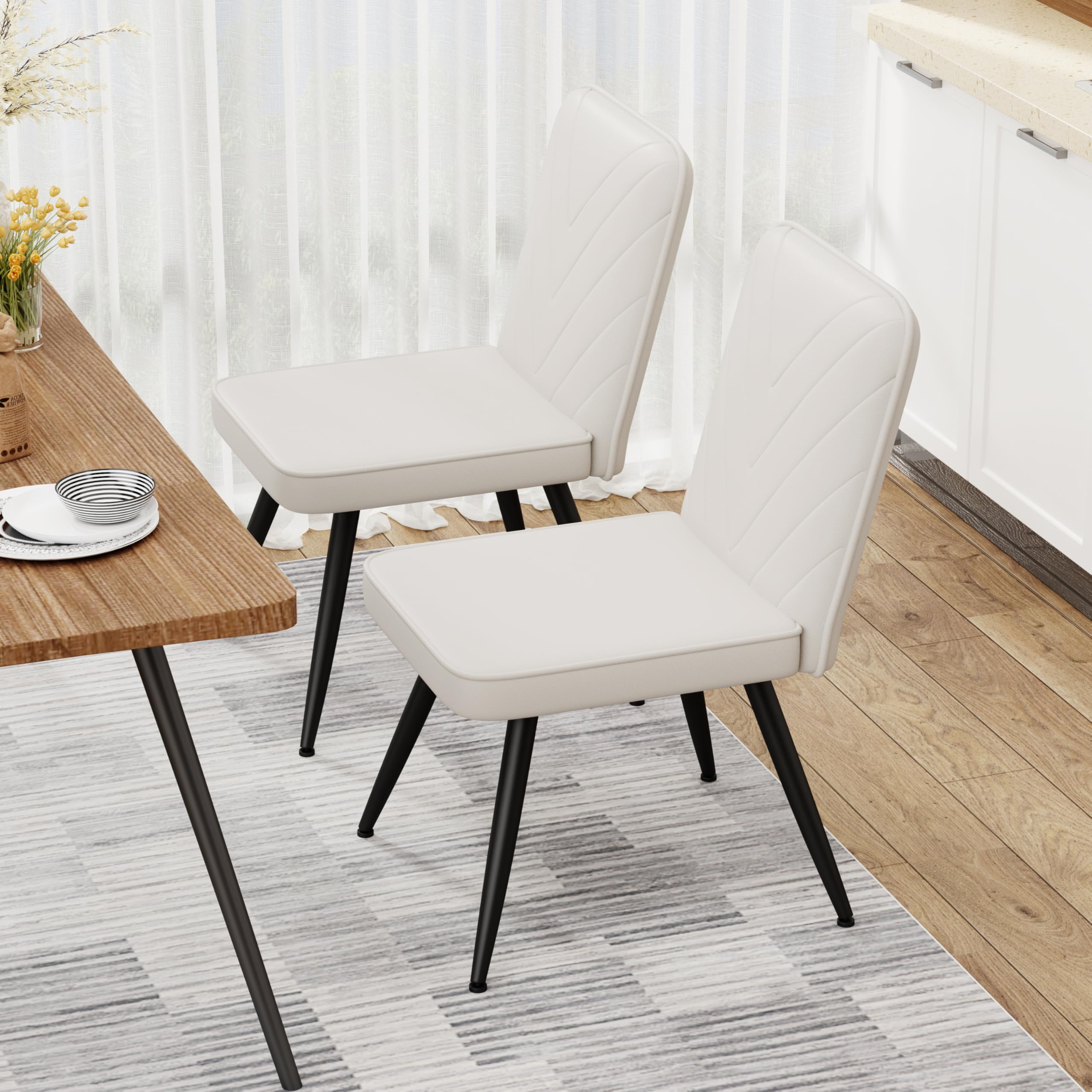 Modern Upholstered Dining Chairs Set of 2, Armless Fabric Kitchen Table Side Chairs with Sturdy Metal Legs in Ivory - Perfect for Dining Room, Kitchen, or Home Office Desk