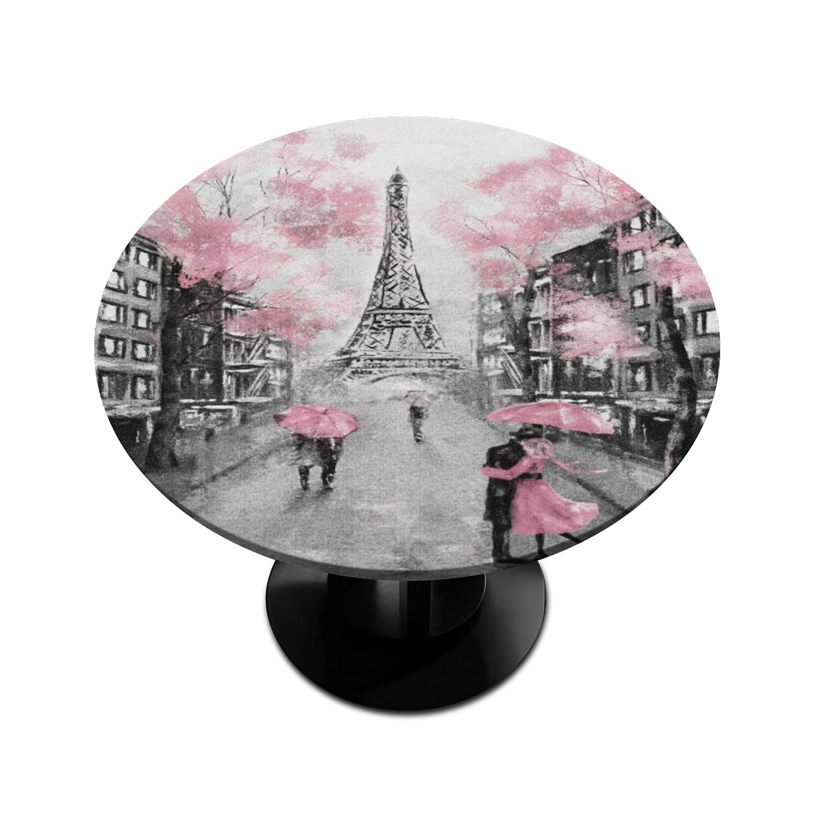 Paris Eiffel Tower Elastic Round Tablecloth - Waterproof Flower Table Cover for Dining Room, Indoor & Outdoor Use - Fits 45