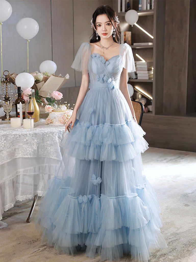 Elegant A-Line Tulle Blue Long Prom Dress for Women - Formal Evening Gown with Flowy Skirt - Perfect for Homecoming, Prom Night, and Special Occasions