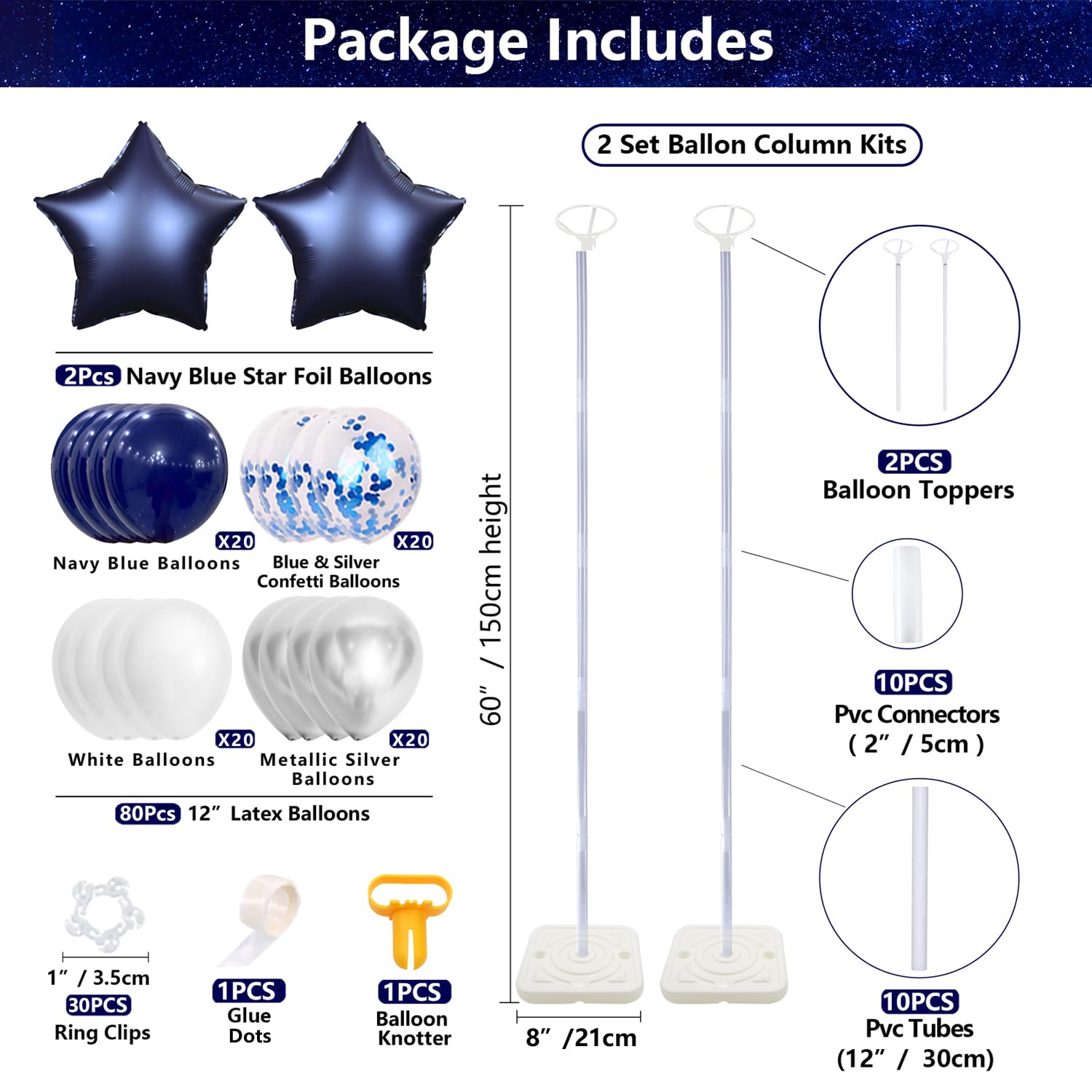2 Sets of 5 Feet Balloon Column Kit with 80 Pcs Navy Blue & Silver Balloons - Perfect for Boy Birthday, Wedding, Baby Shower, Bridal Shower, Graduation Party Decorations | Indoor & Outdoor Party Decor